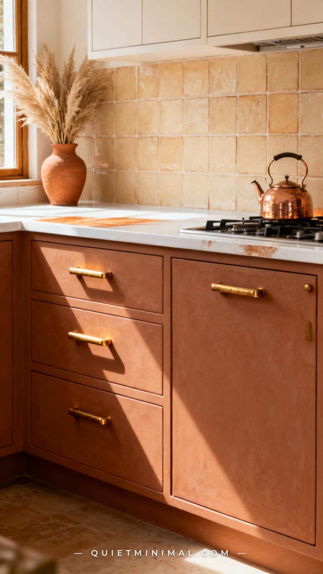 A vertical photograph captures a medium-wide view of a bohemian kitchen cabinet section