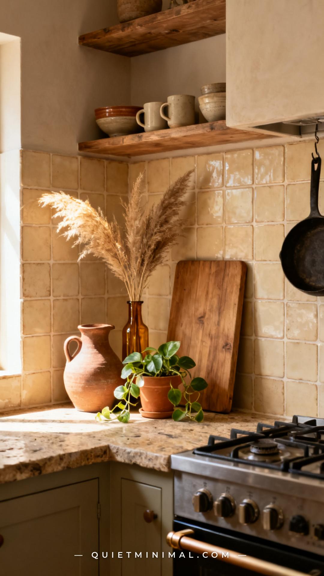 A vertical photograph captures a medium-wide counter vignette in a bohemian kitchen