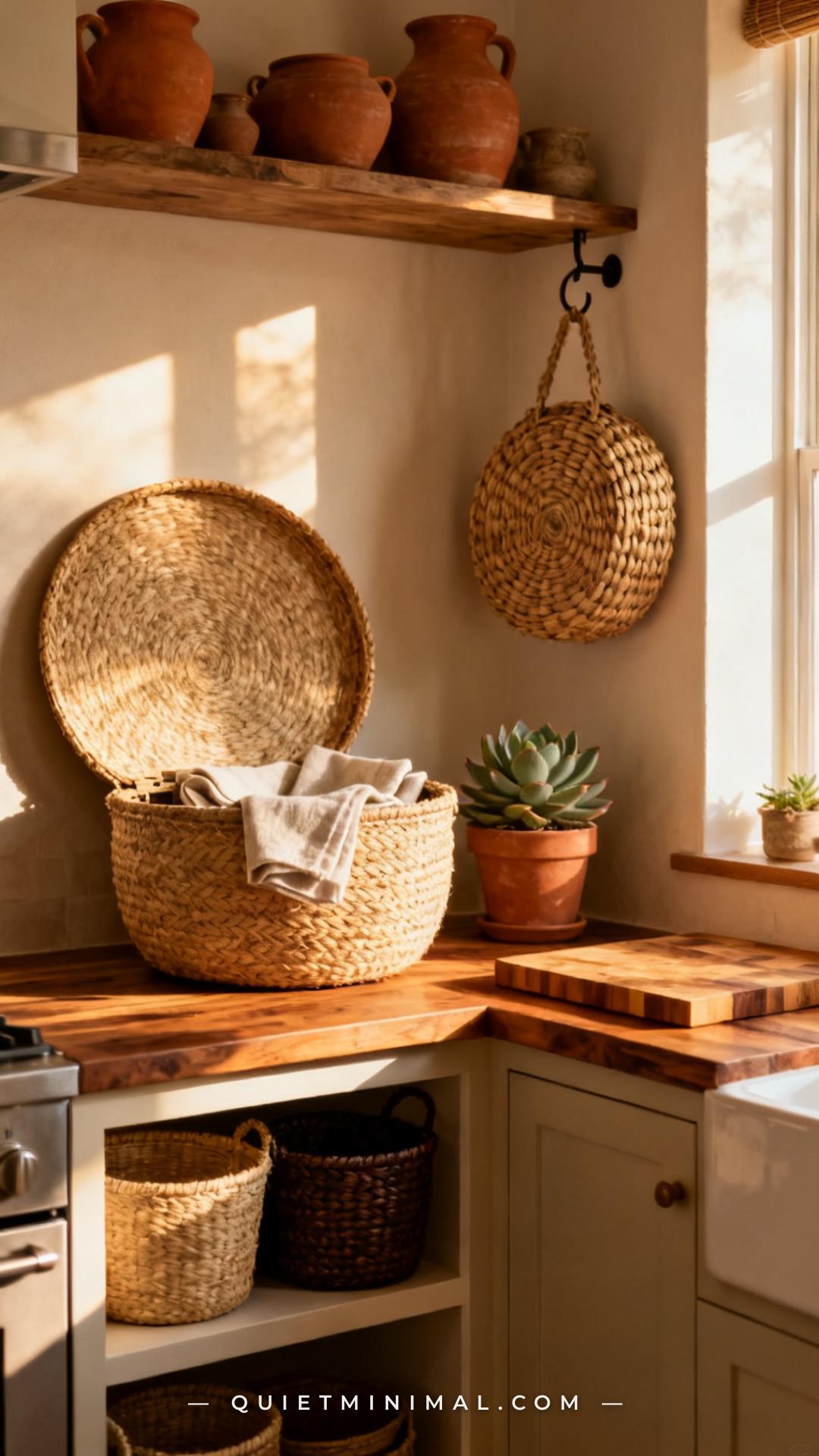 A vertical photograph captures a wide view of a bohemian kitchen corner