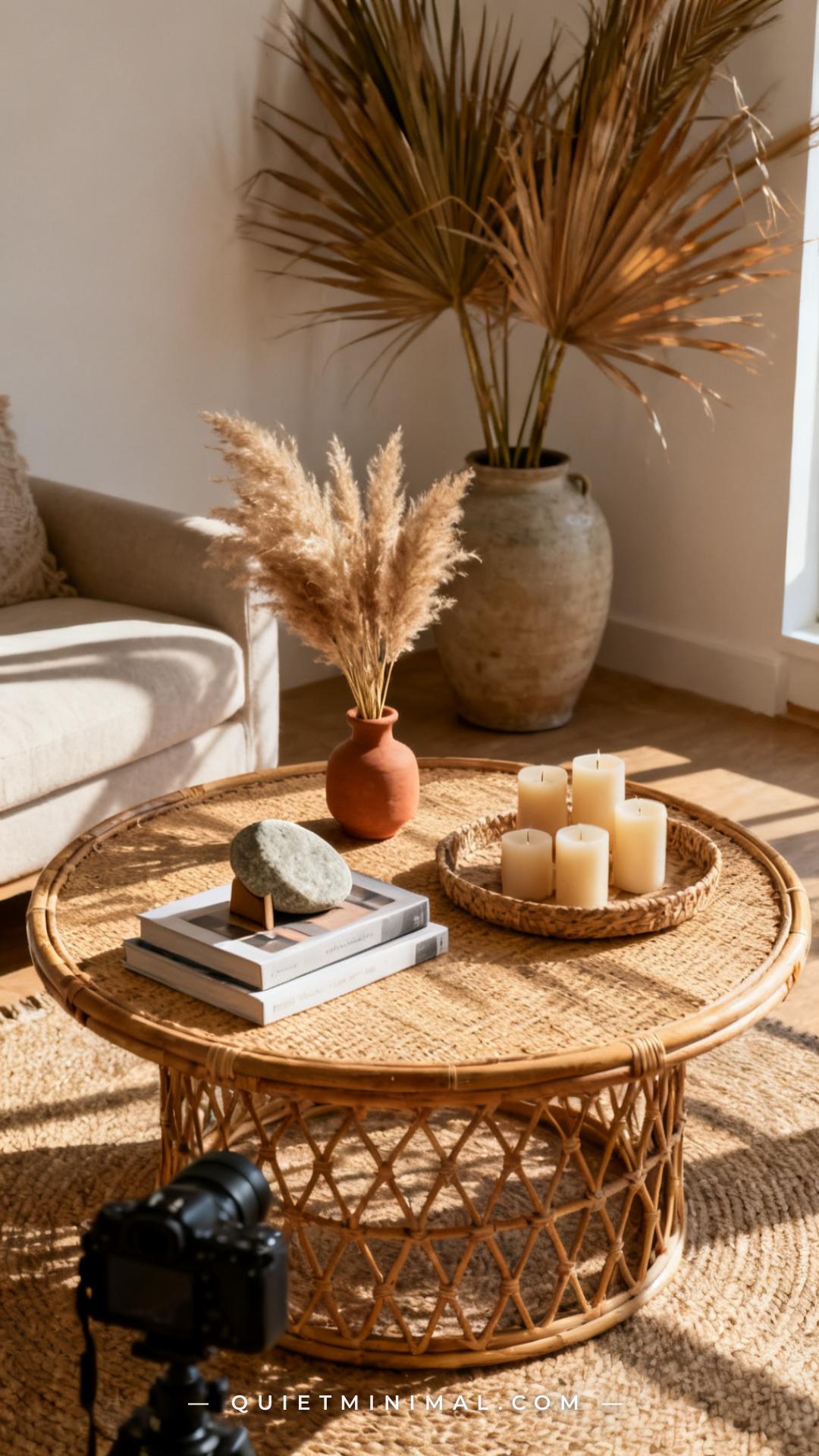 A vertical wide-angle photograph captures a bohemian living room coffee table and the surrounding floor area styled with