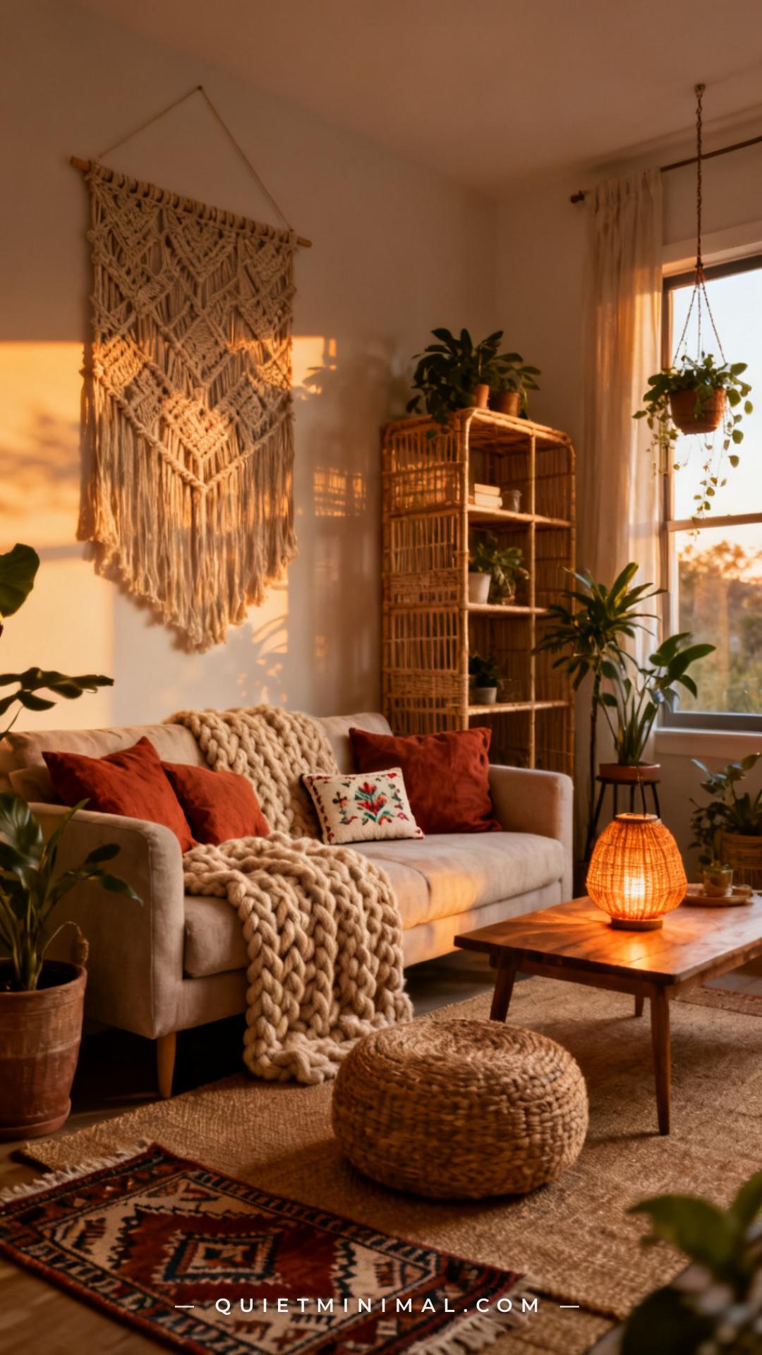 A vertical wide-angle photograph captures the full bohemian living room in its final