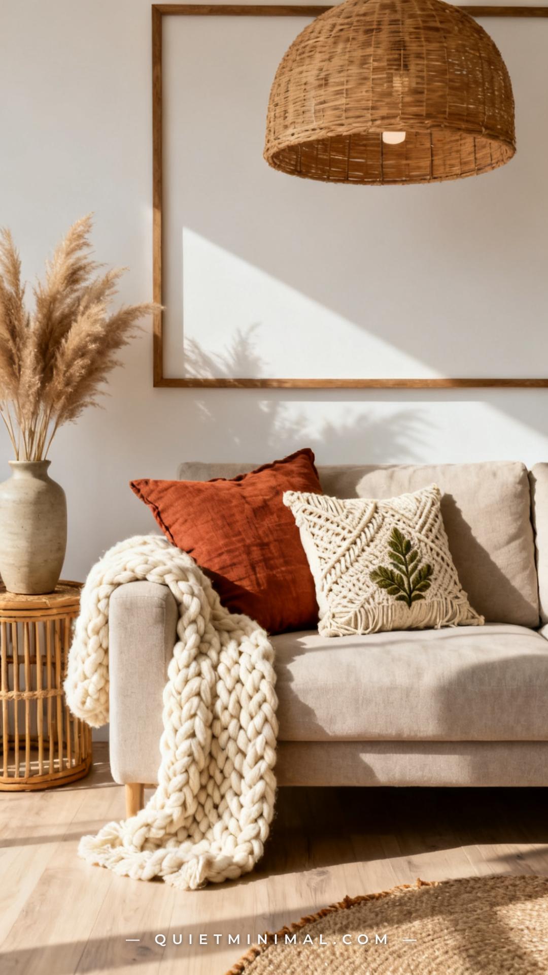 A medium-wide vertical photograph establishes a bohemian living room scene focused on a neutral-toned sofa styled with l