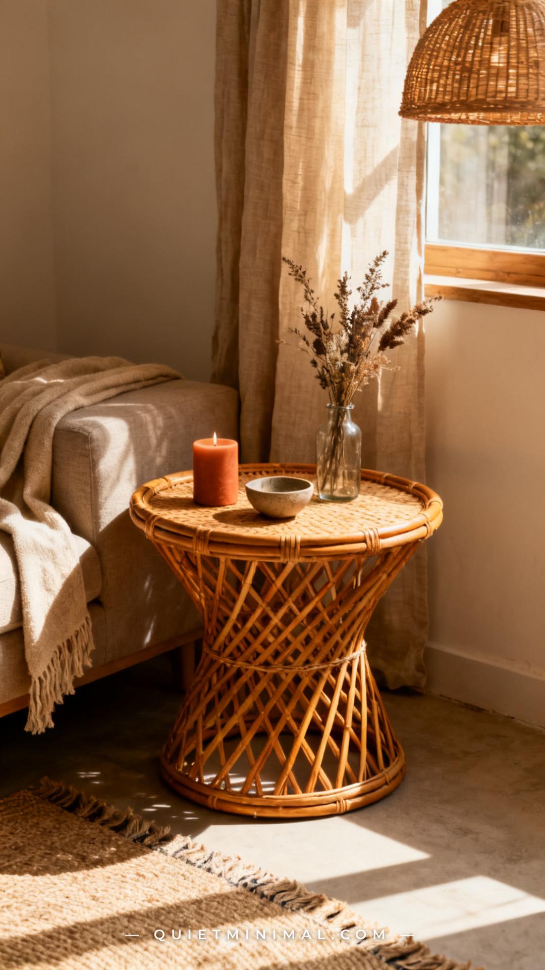 A vertical establishing shot captures a warm bohemian living room corner showing a round rattan side table beside a sofa
