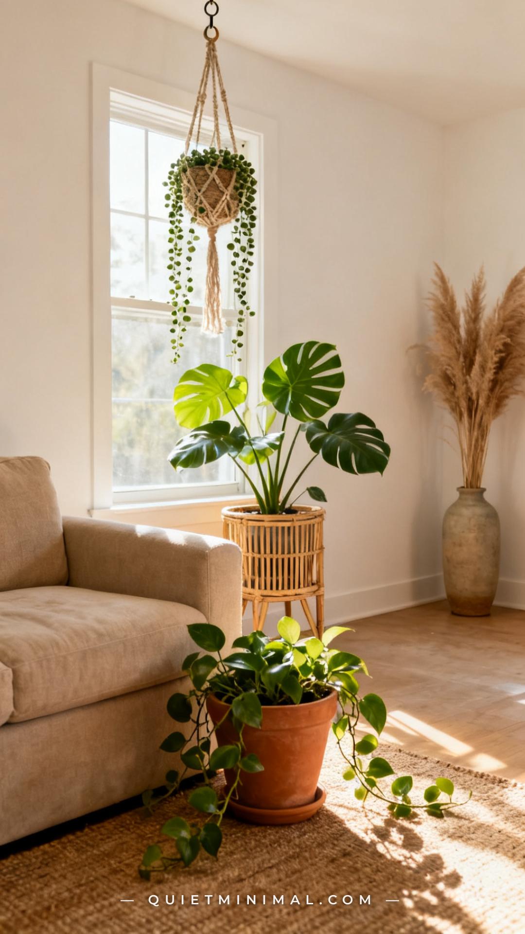 A wide vertical photograph captures a bright bohemian living room with plants used as deliberate design elements at thre
