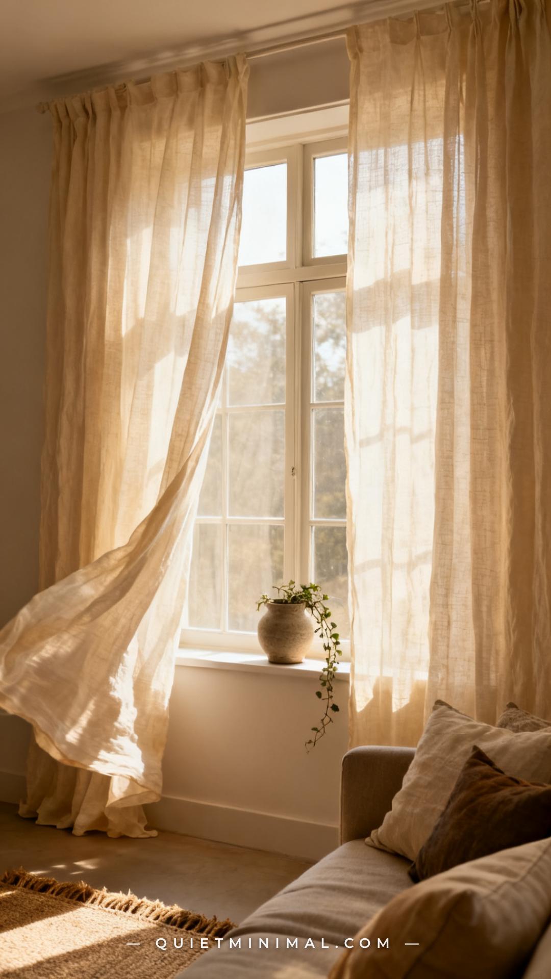 A vertical wide-angle photograph captures a full living room window dressed with long floor-to-ceiling sheer linen curta