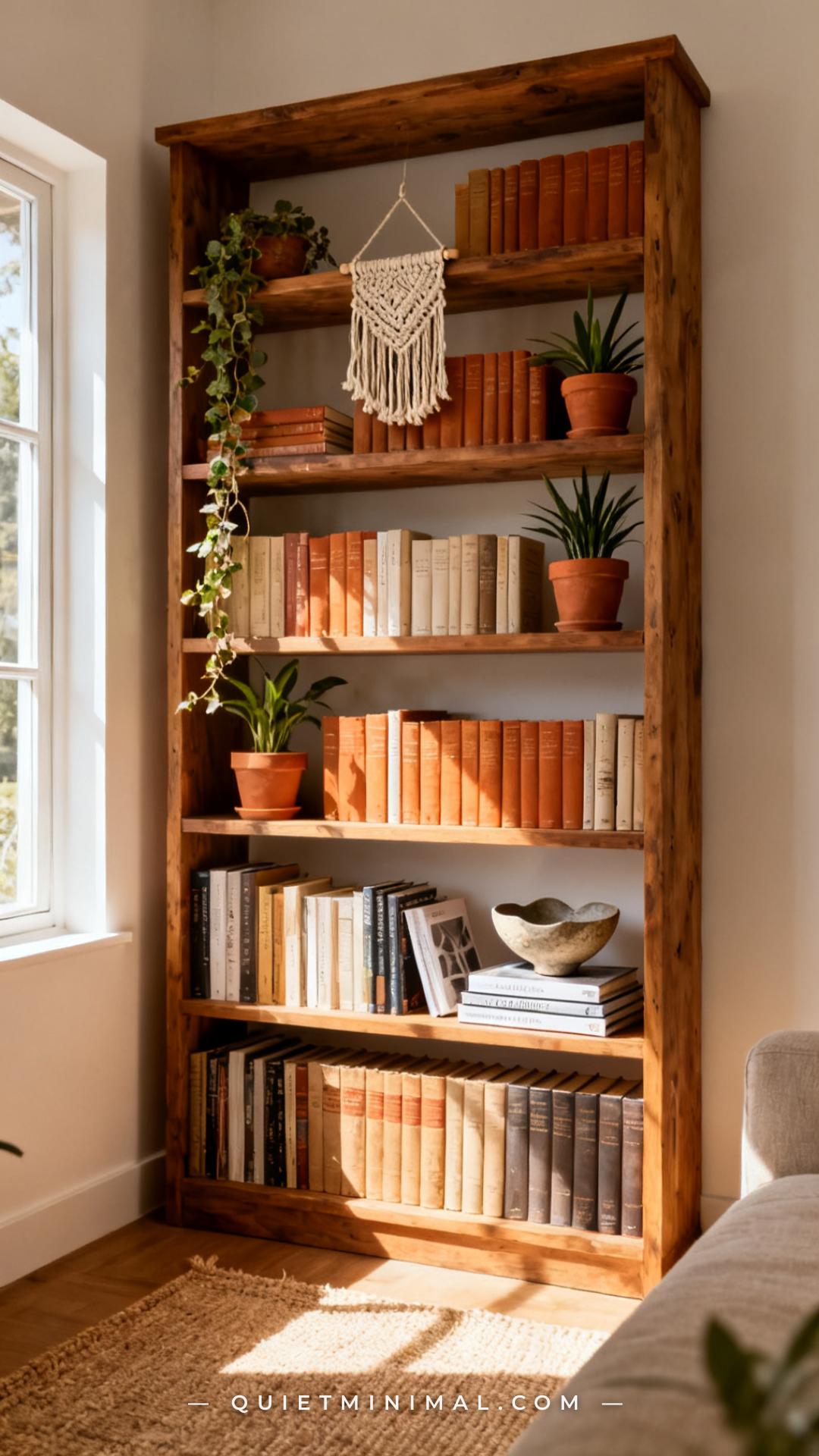 A vertical wide-angle photograph captures a full-height wooden bookshelf styled in a bohemian aesthetic against a warm w