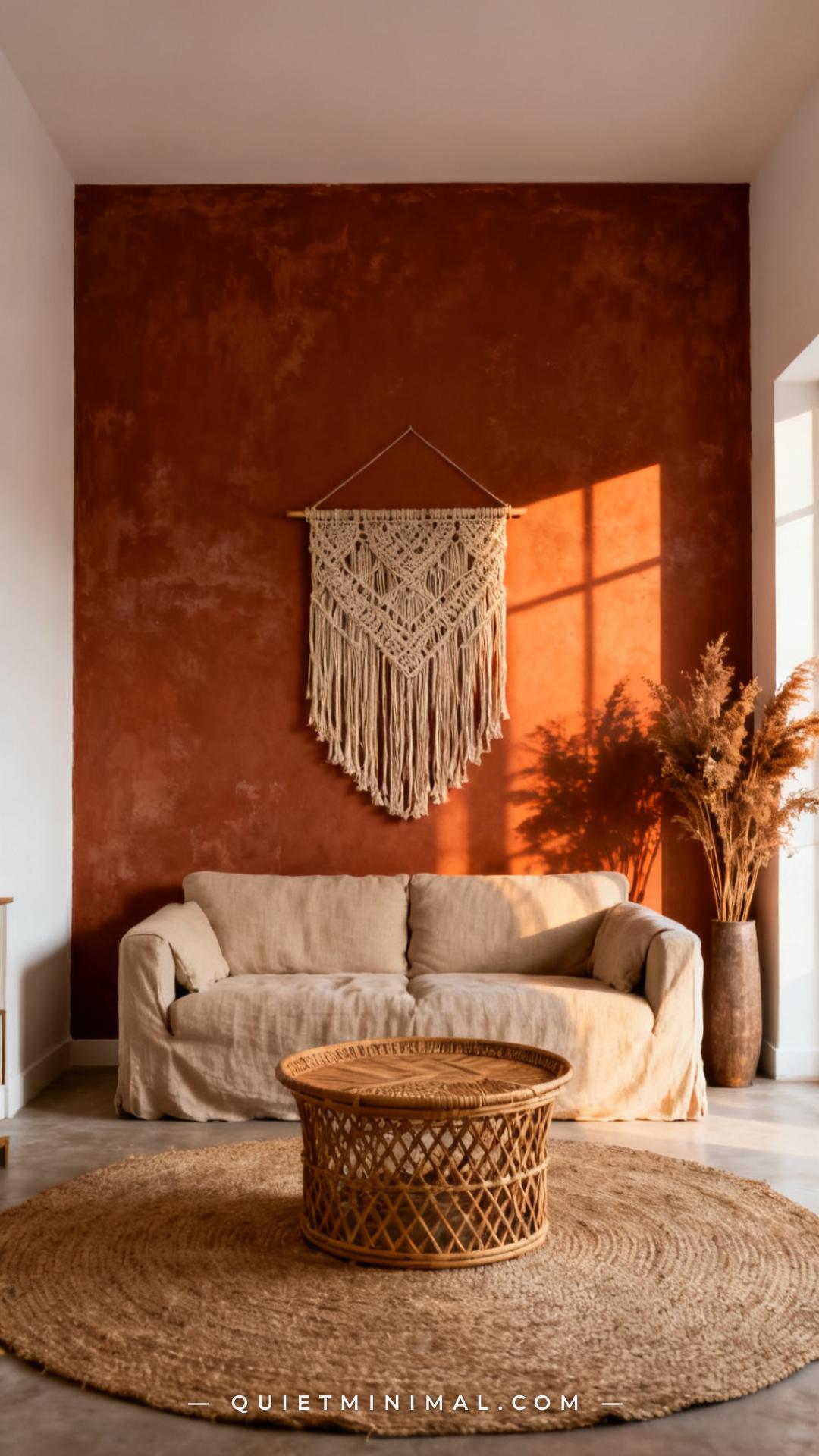 A vertical wide-angle photograph captures a bohemian living room with a single accent wall painted in a deep terracotta