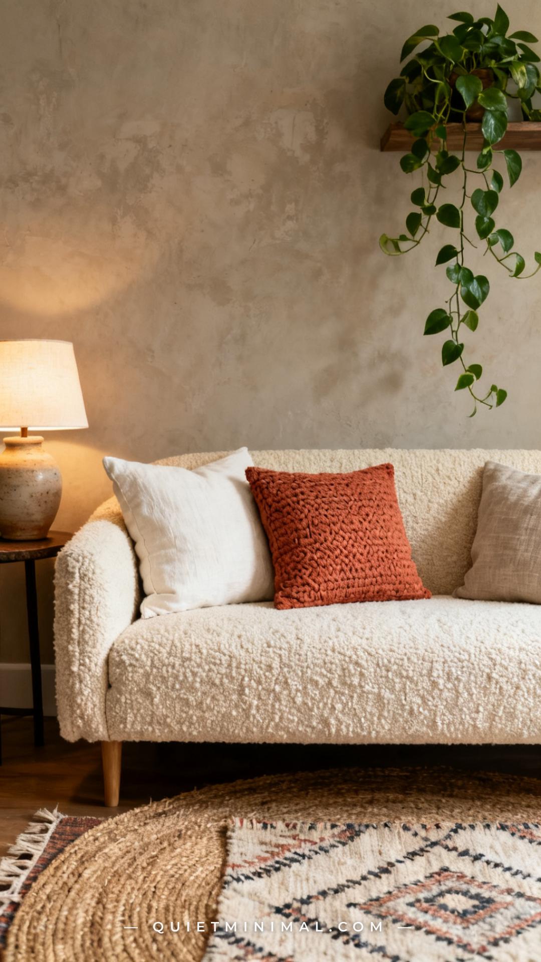 A wide-angle view of a cream boucle sofa against a muted plaster wall