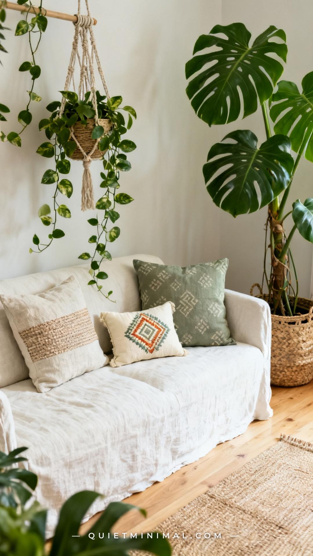 An establishing shot of an ivory linen sofa in a plant-filled bohemian living room