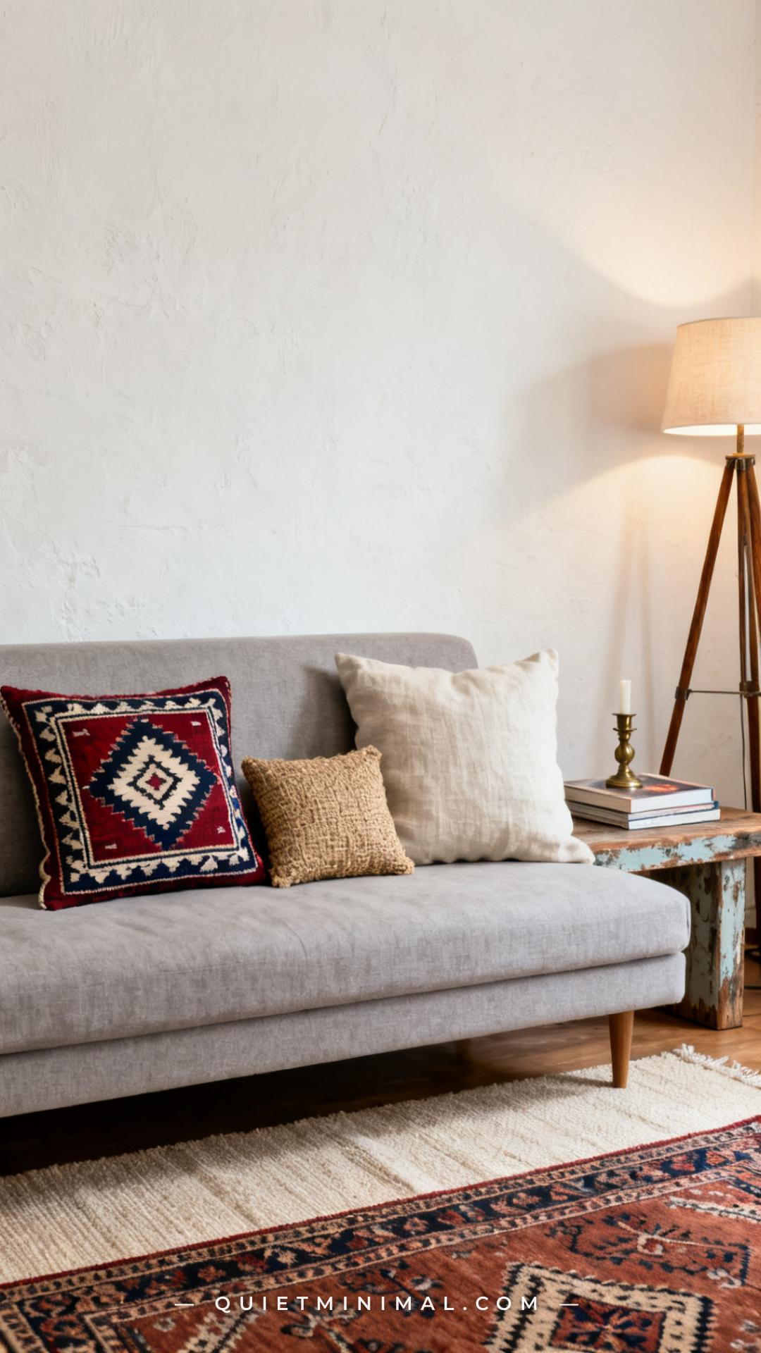 A wide-angle view of a light gray sofa against a whitewashed wall