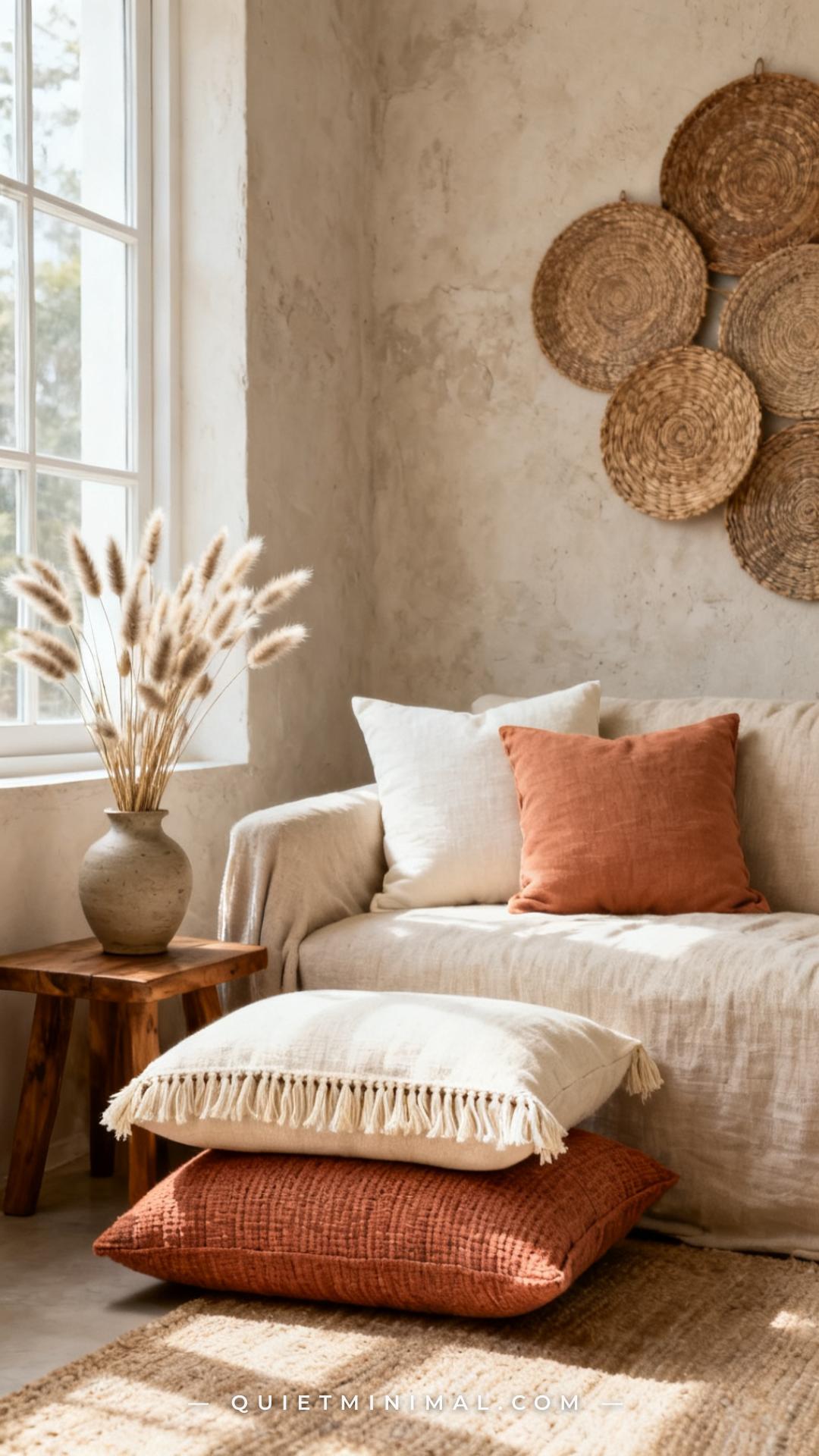 A medium-wide photograph of a natural cotton sofa in an airy bohemian room