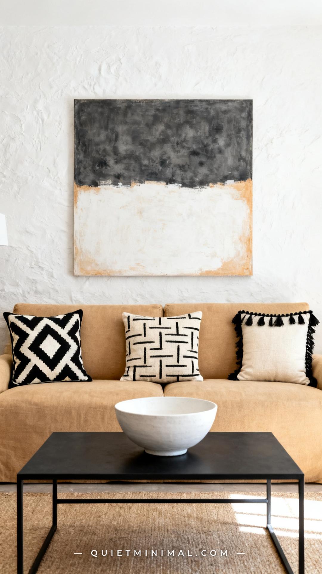A wide establishing shot of a warm beige sofa centered in a minimalist bohemian living room