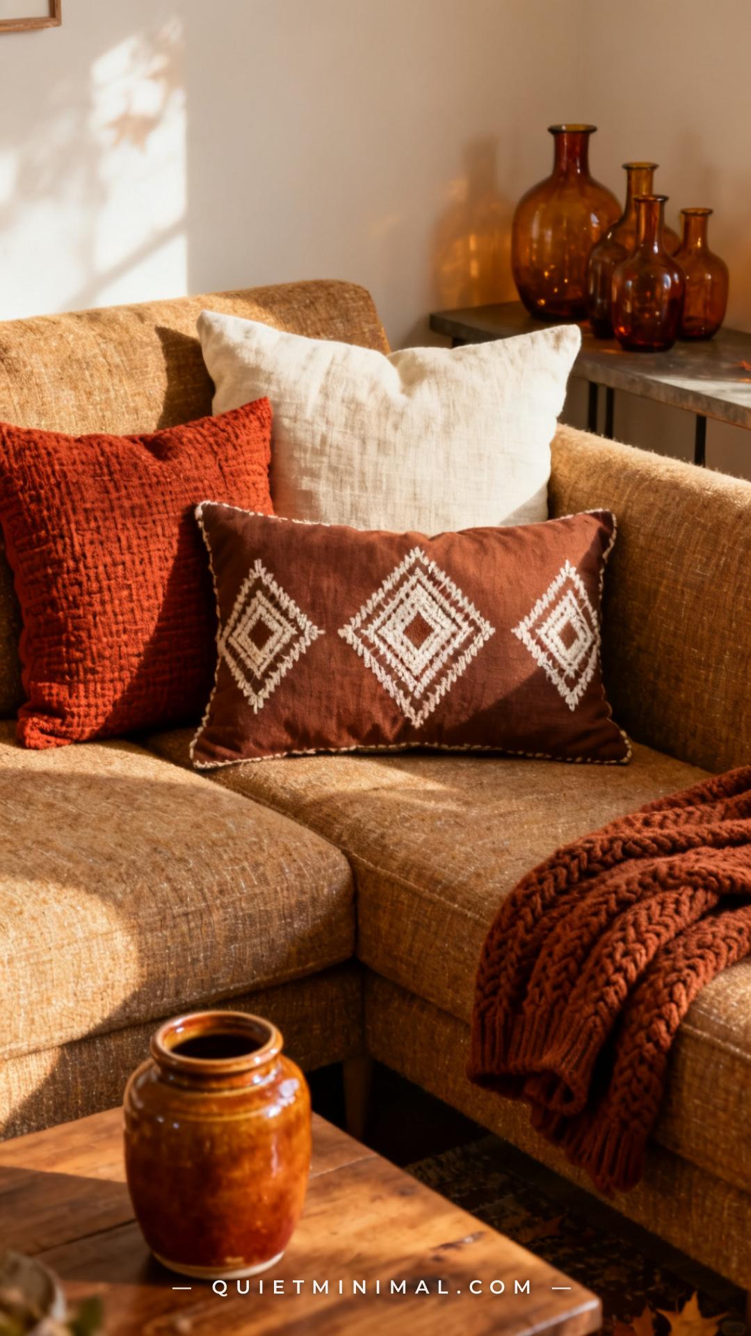 An establishing shot of a tan tweed sofa in a richly textured bohemian living room styled for autumn