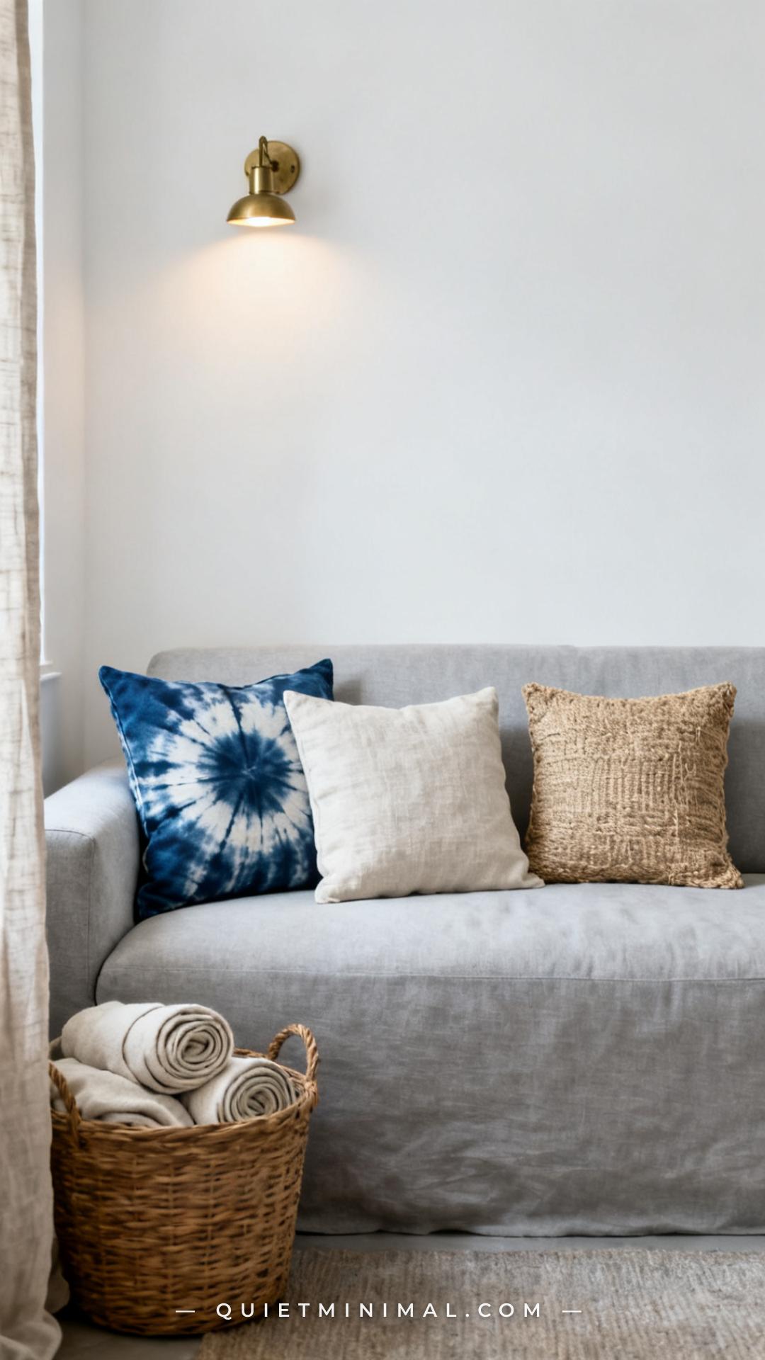 A wide-angle view of a light gray sofa against a cool white wall in a calm