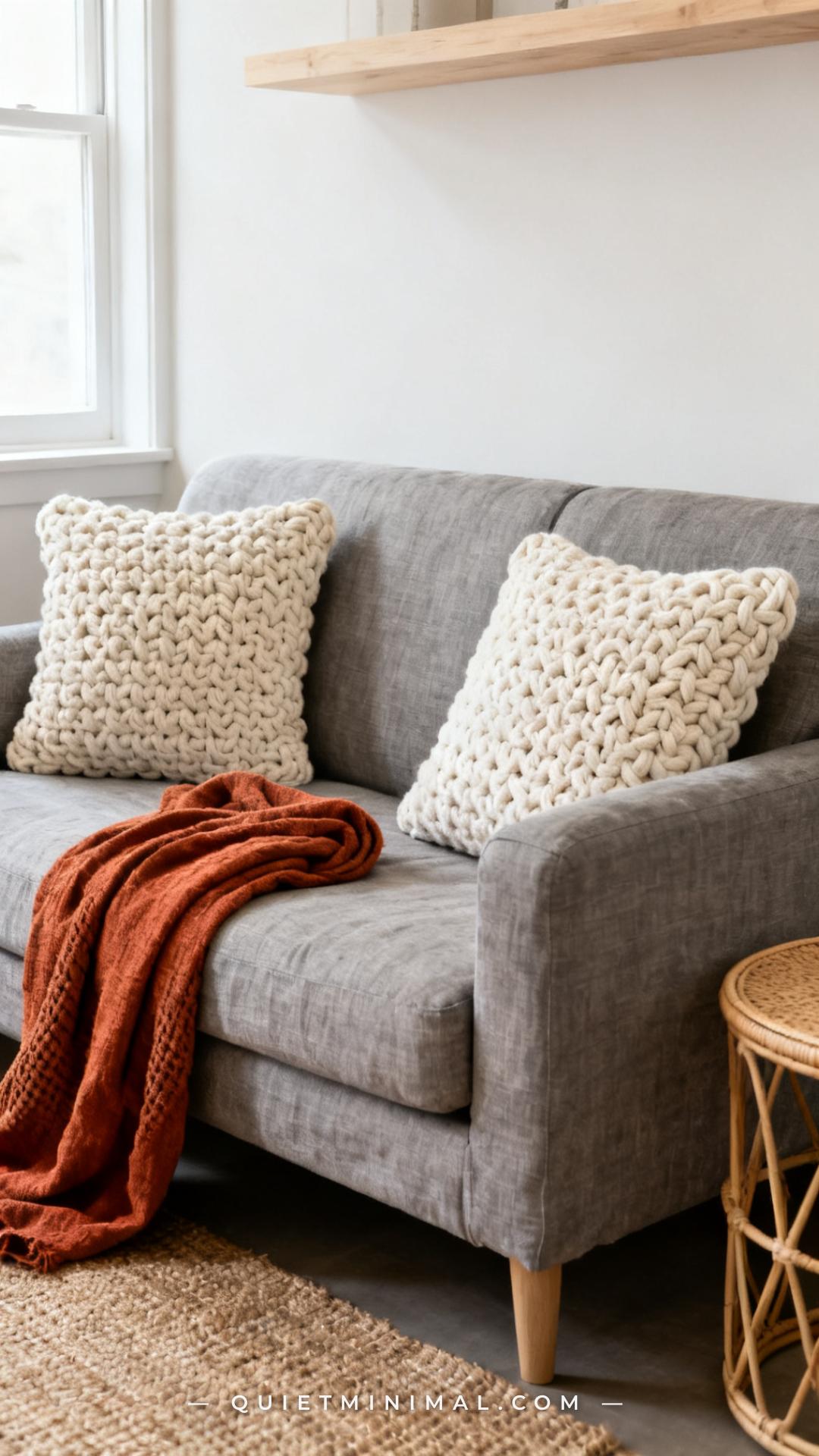 An establishing shot of a wide neutral gray linen sofa filling the frame from armrest to armrest