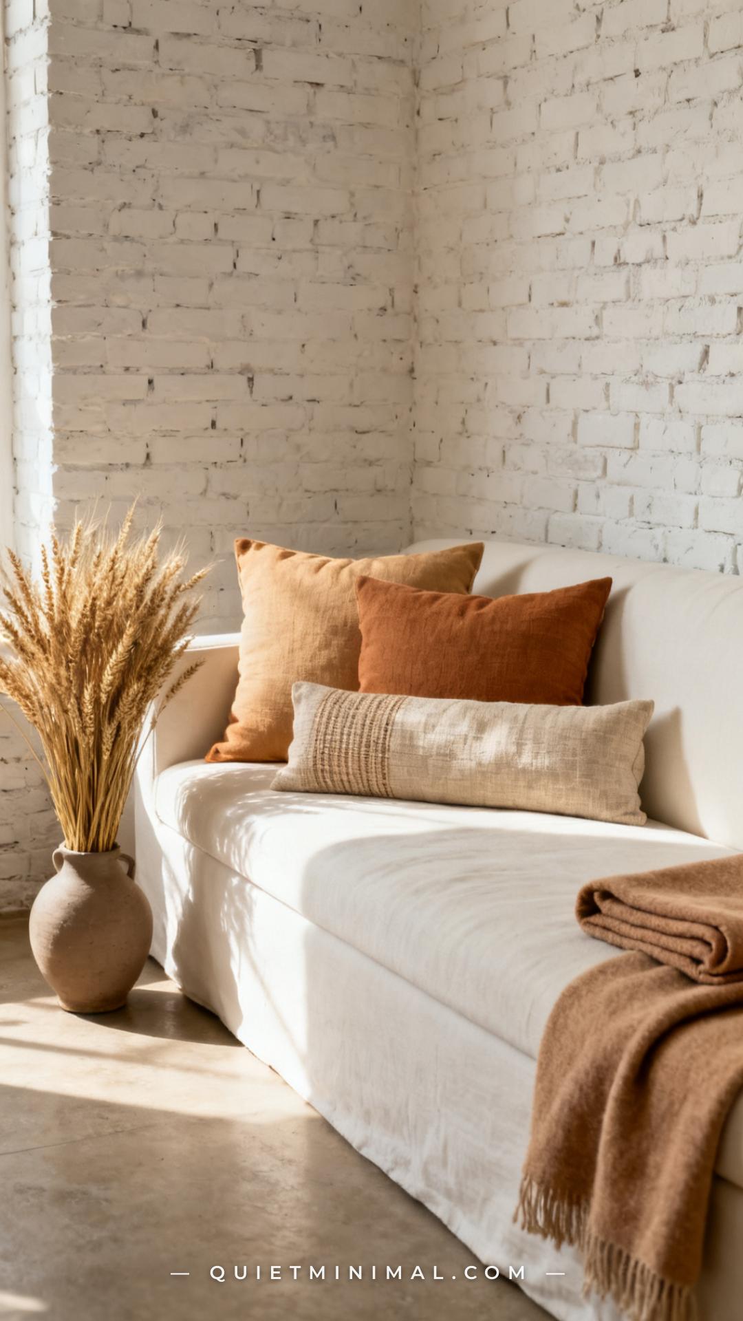 A vertical photograph captures the right half of a long ivory sofa against a whitewashed brick wall