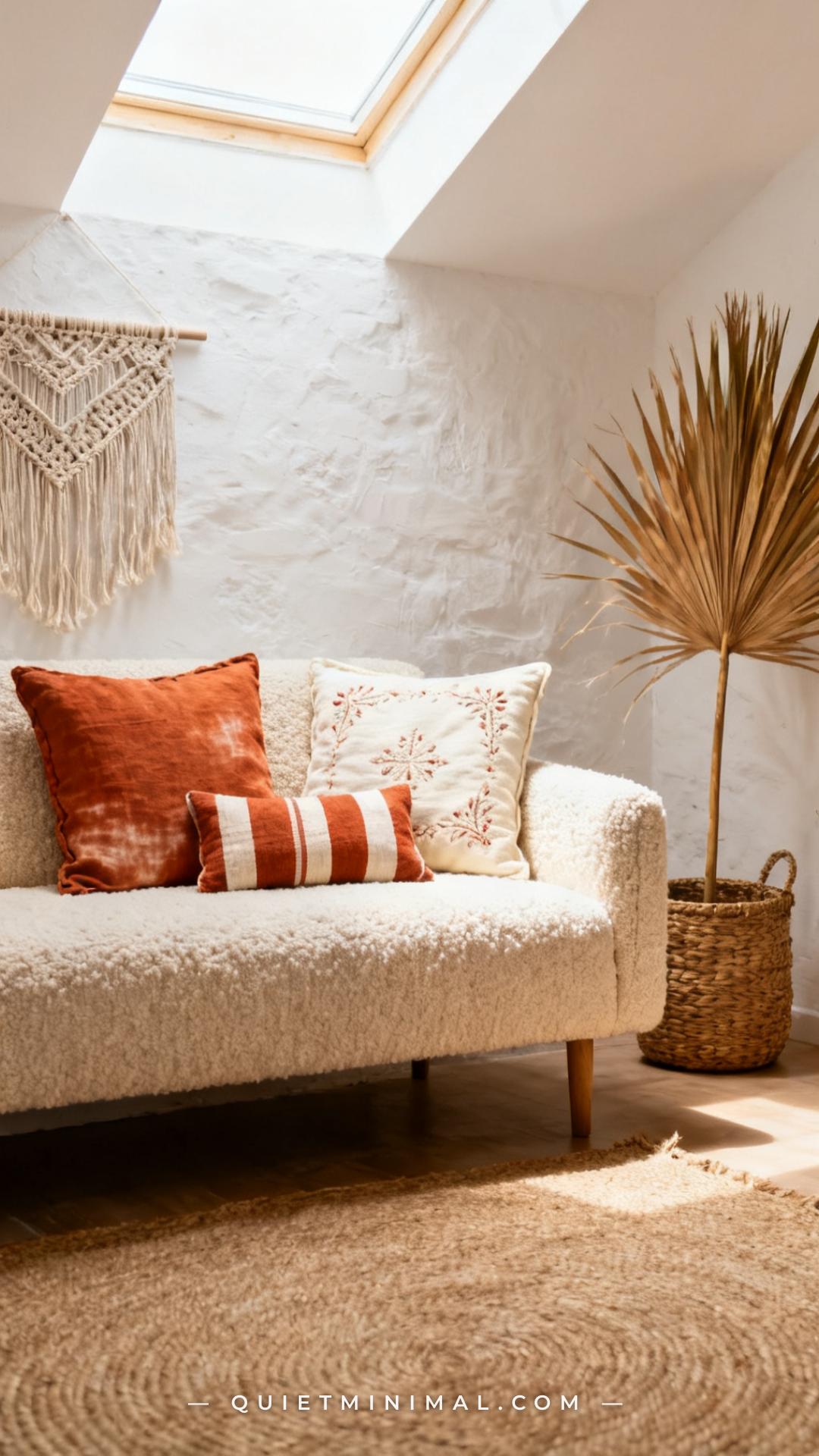 A wide-angle view of a cream bouclé sofa centered in a bright boho living room