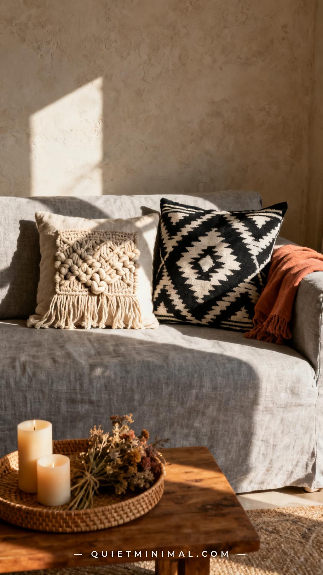 An establishing shot of a light gray linen sofa positioned against a plaster wall in a bohemian living room