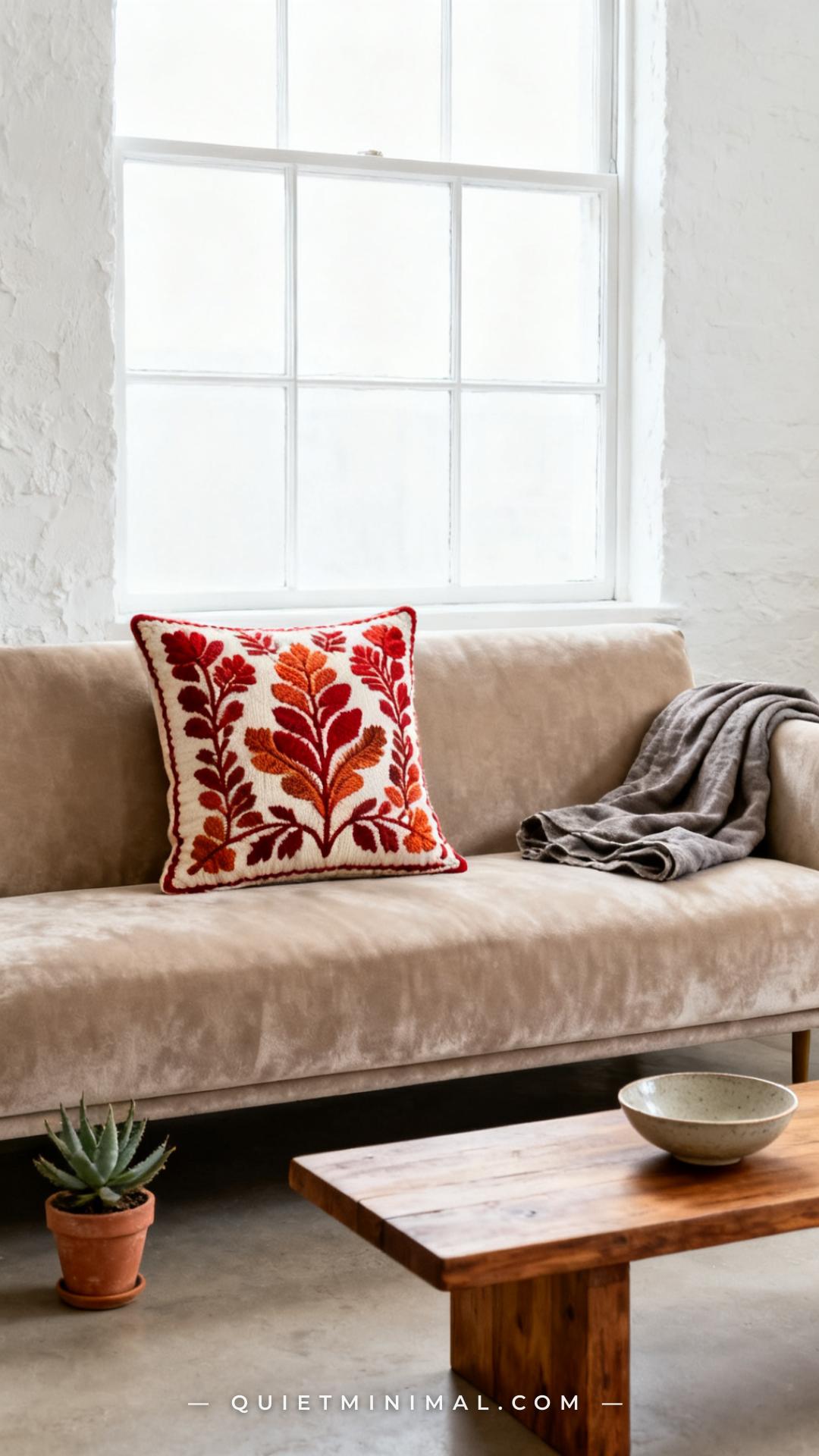 A medium-wide photograph captures an oatmeal-colored velvet sofa from the front