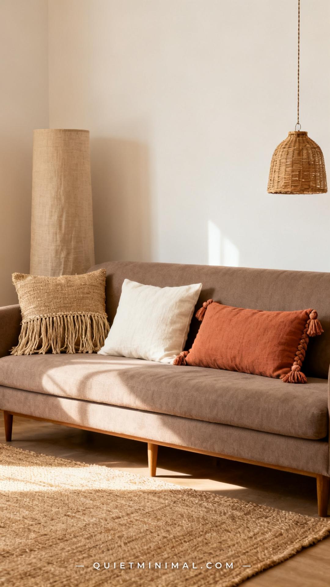 A wide vertical photograph captures a long taupe sofa against a warm white wall