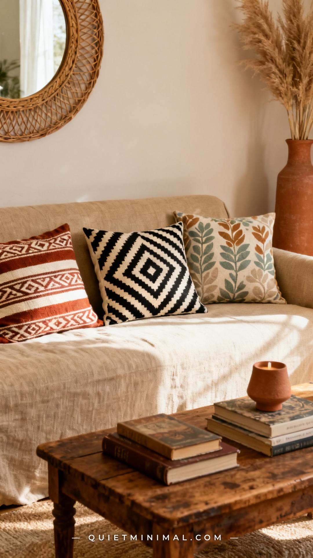 A medium-wide establishing shot of a sand-colored fabric sofa in a well-lit bohemian living room
