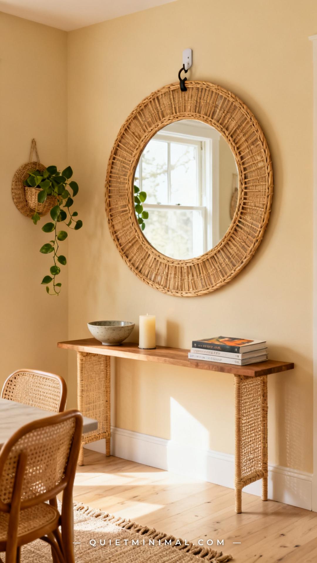 A wide vertical photograph of a dining nook wall in a warm bohemian rental apartment