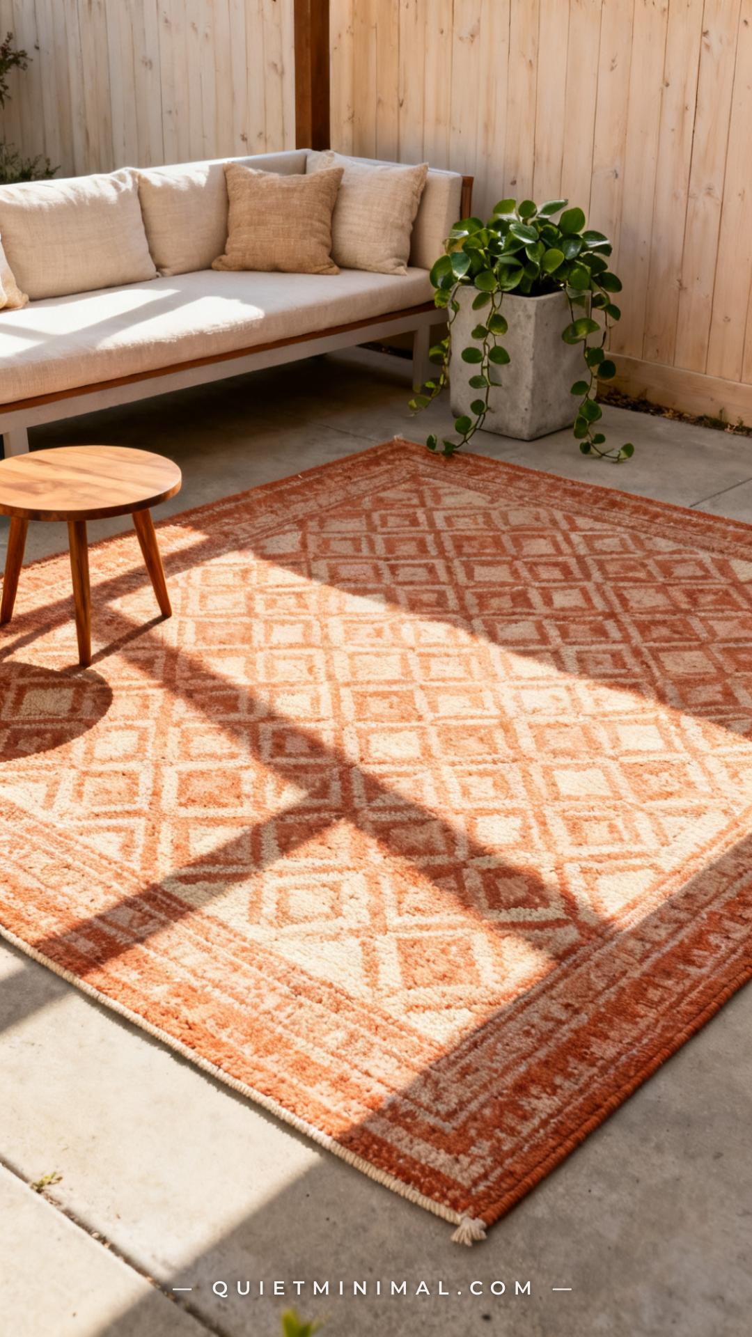 A wide-angle view of a small suburban patio showing a large outdoor rug with a subtle geometric pattern in warm terracot