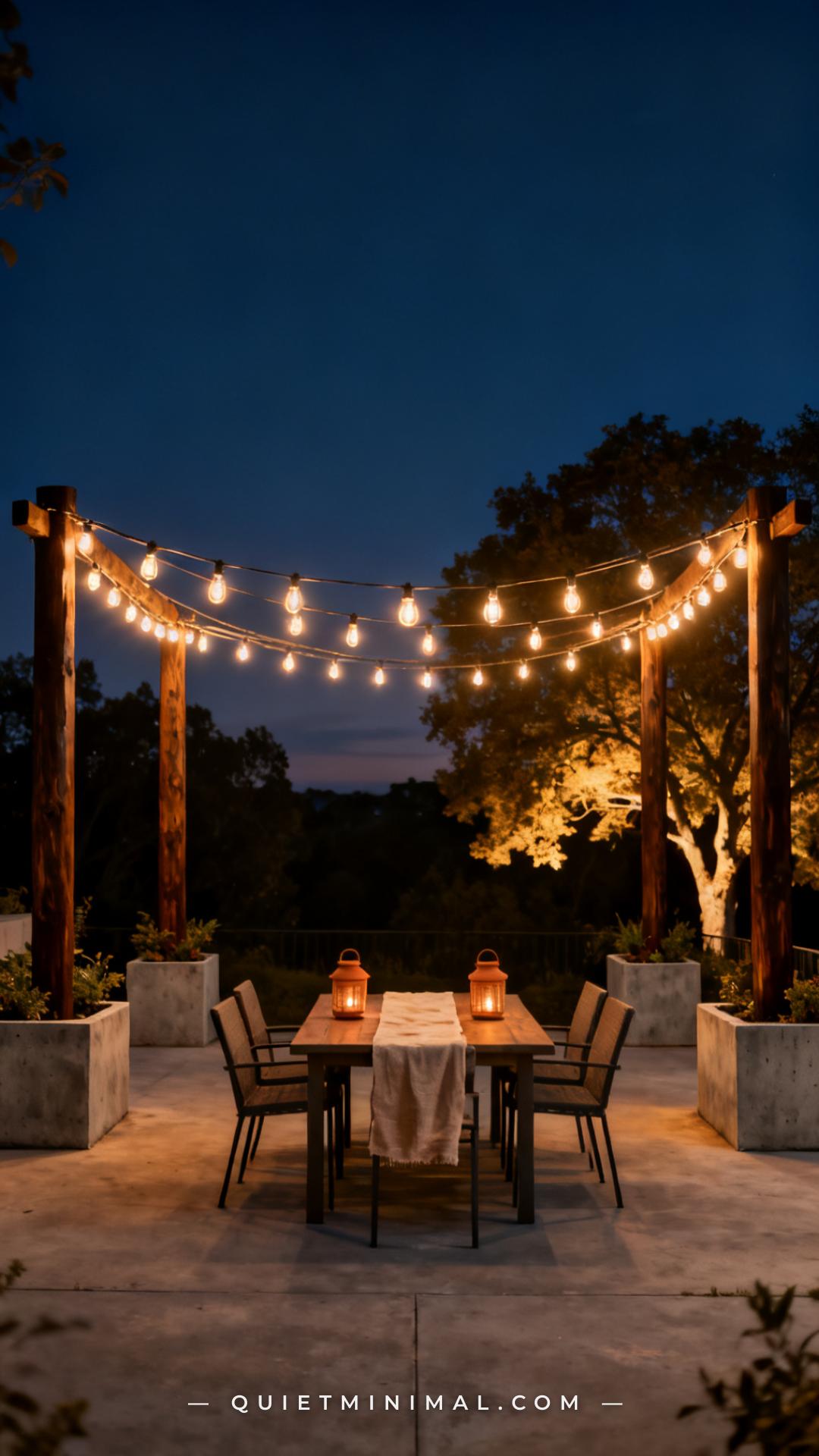 A medium-wide photograph of a backyard patio at dusk