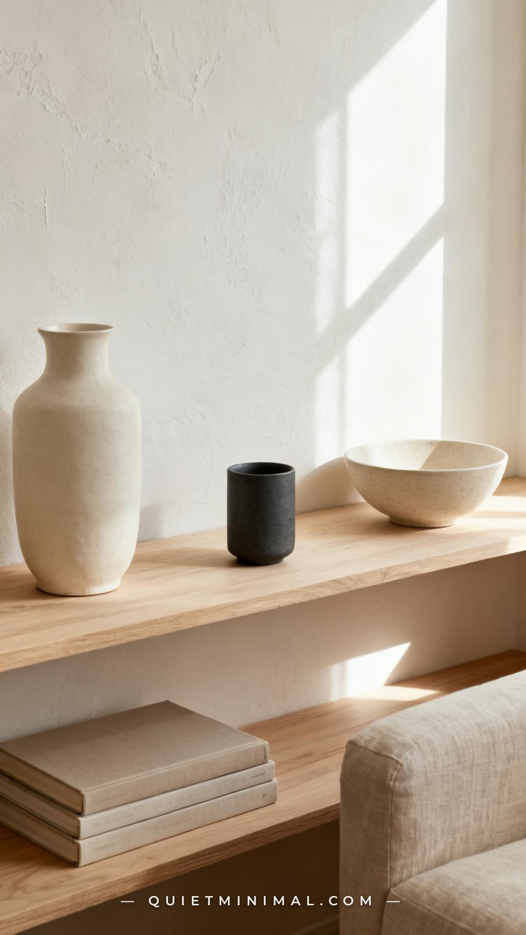 A wide establishing shot of a Scandinavian-style floating shelf shows a neutral ceramic arrangement in creams and sandy