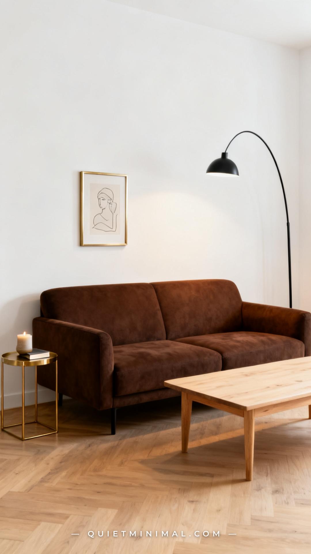 A wide interior photograph of a living room showing a chocolate brown sofa against a warm white wall
