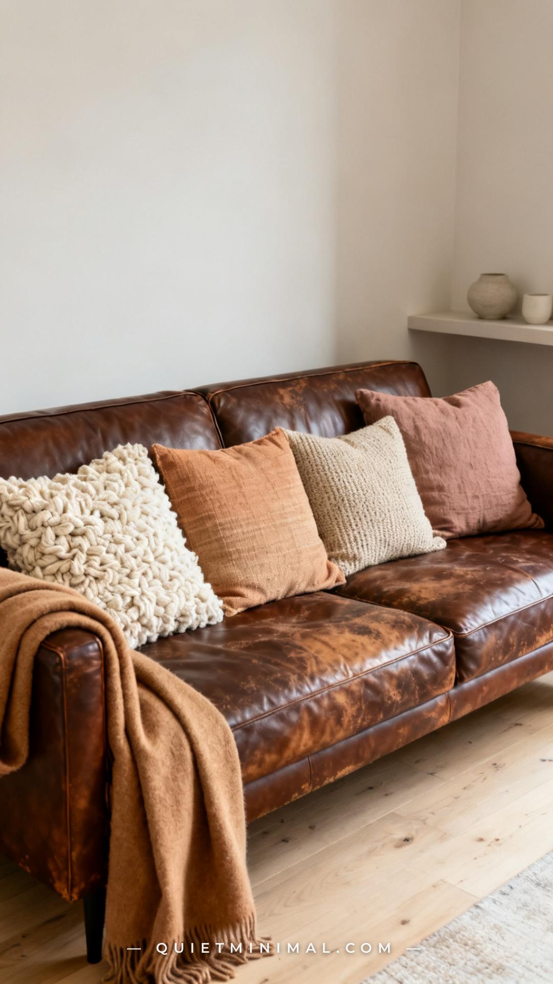 A medium-wide photograph of a chocolate brown sofa — slightly worn leather with a lived-in patina — styled with an arran