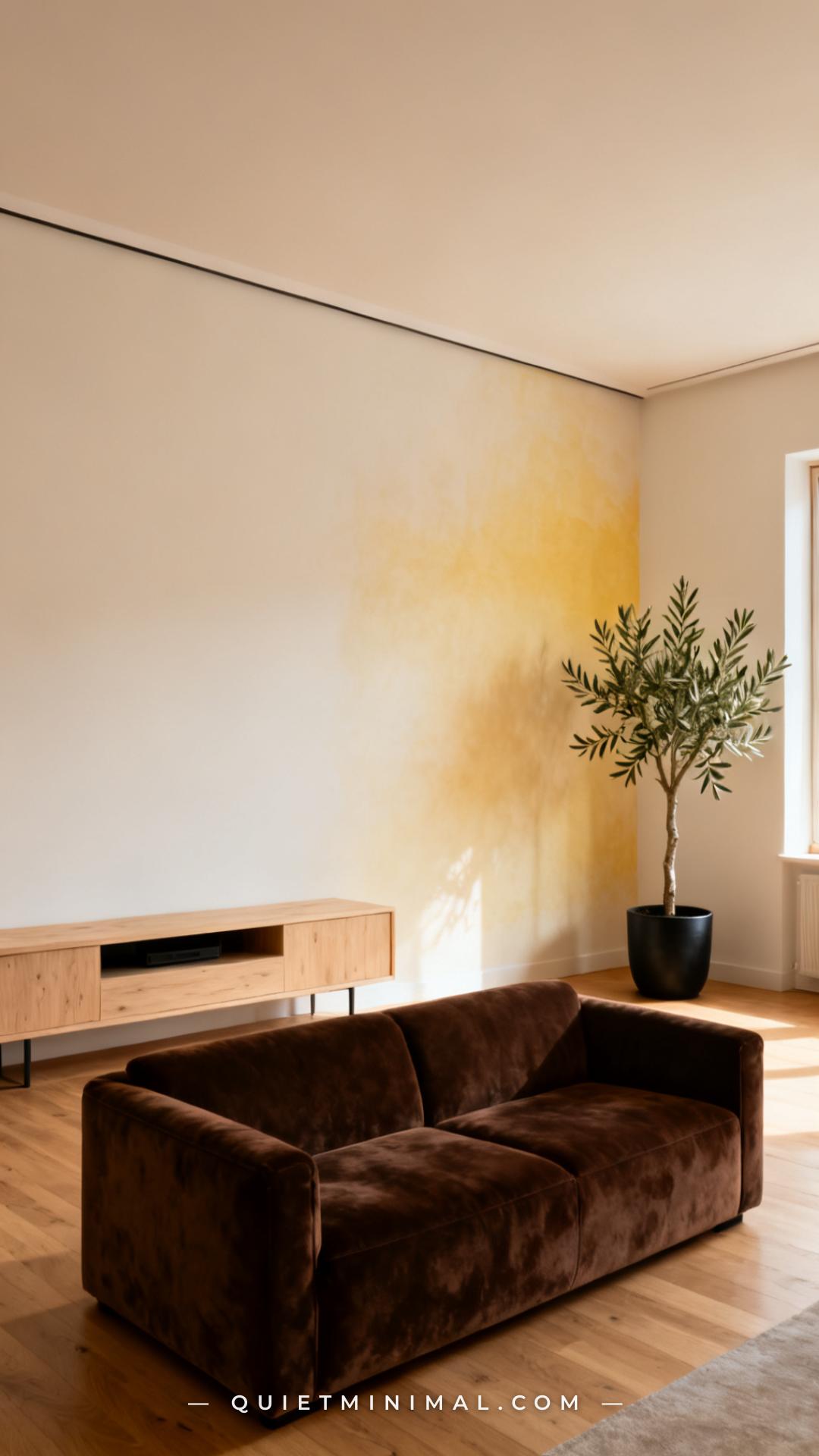 A wide establishing shot of a living room where a chocolate brown velvet sofa sits against a wall painted in a warm off-