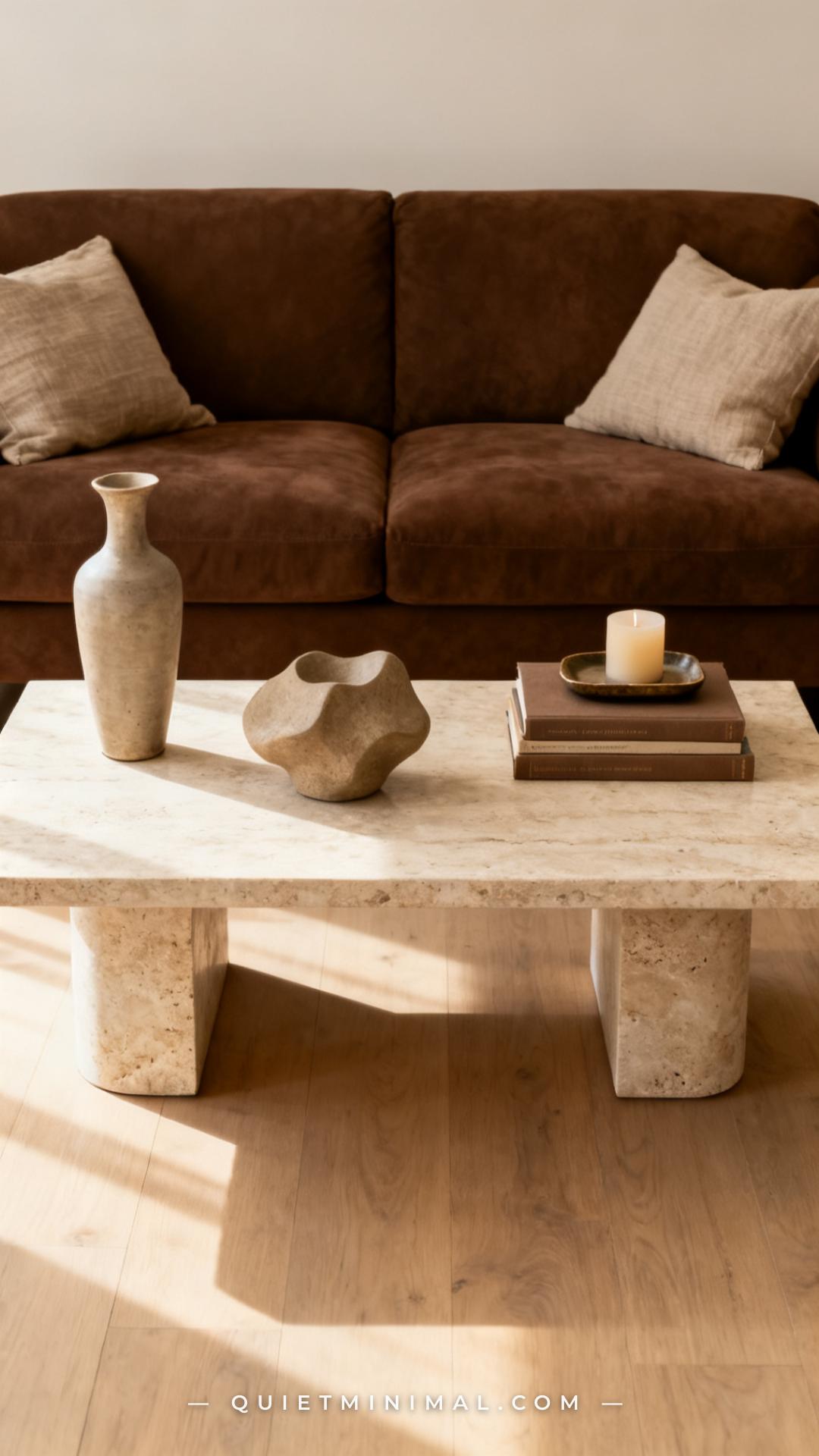 A vertical photograph showing a chocolate brown sofa in the background and a rectangular travertine or light marble-effe