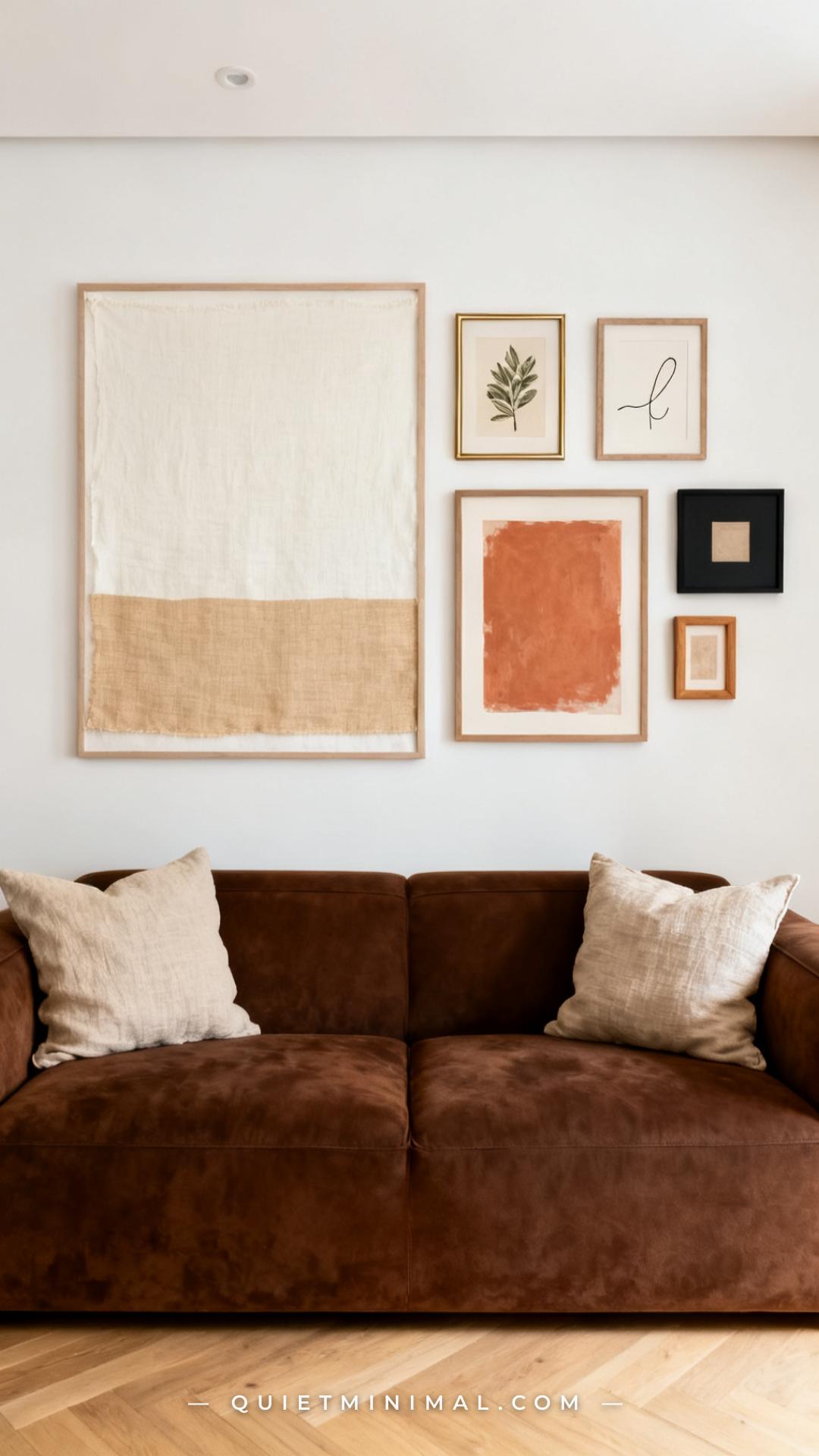 A wide shot of a living room wall directly above and behind a chocolate brown sofa