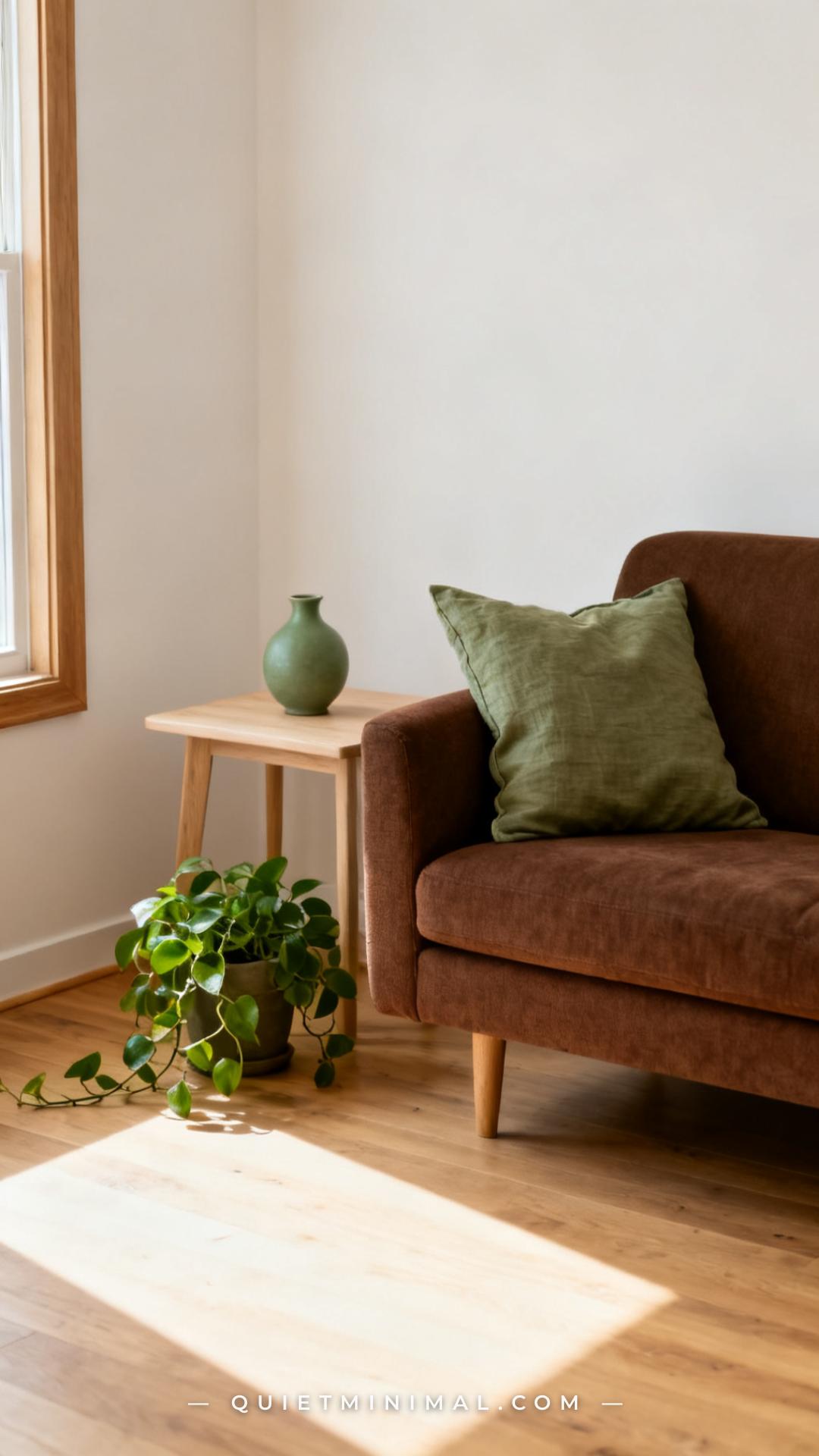 An establishing shot of a living room corner featuring a chocolate brown fabric sofa with a sage green linen cushion pro