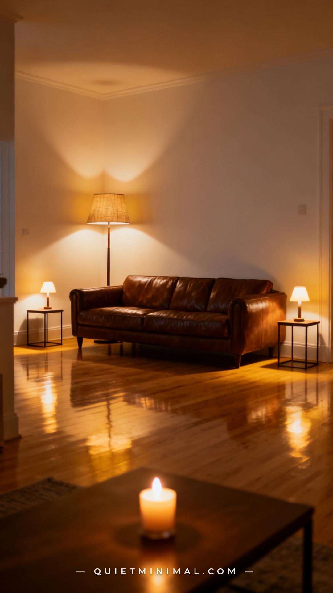 A wide-angle evening interior photograph of a living room with a chocolate brown leather sofa