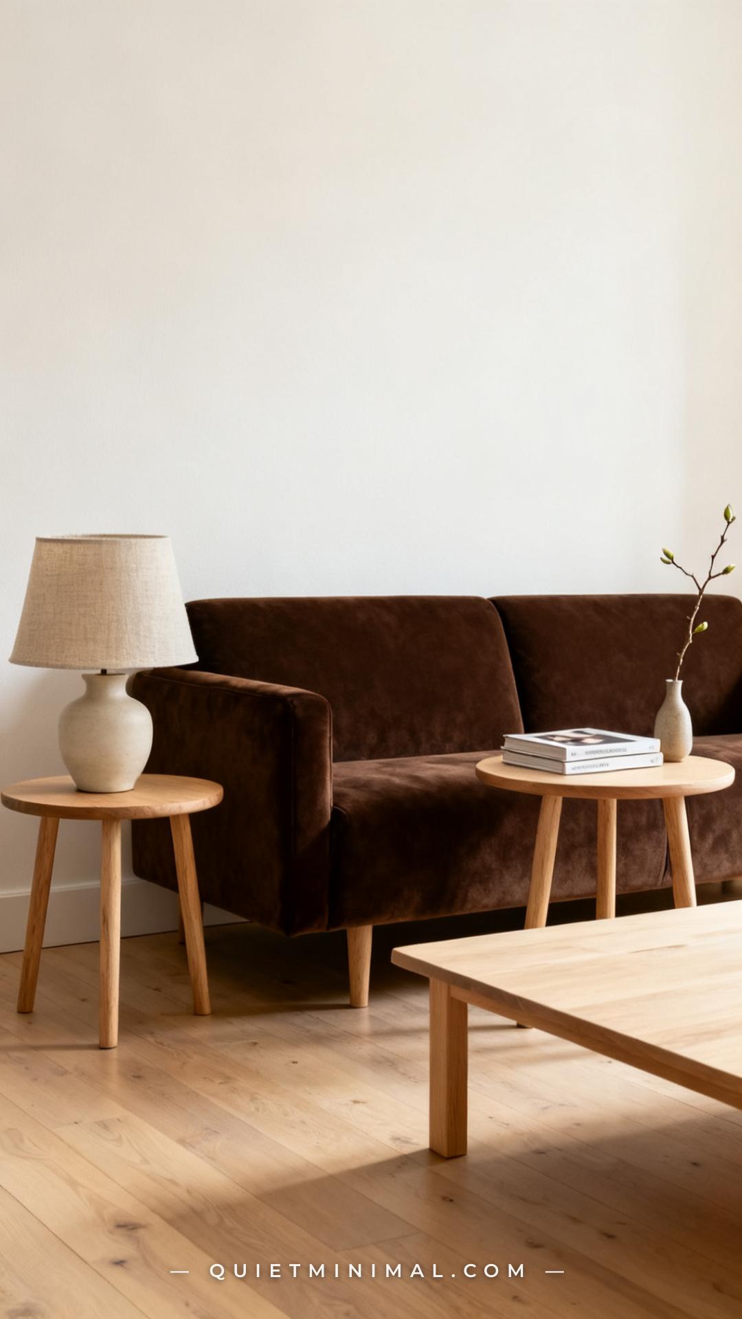 A medium-wide photograph showing a chocolate brown velvet sofa flanked by two pale oak side tables — one small round tab