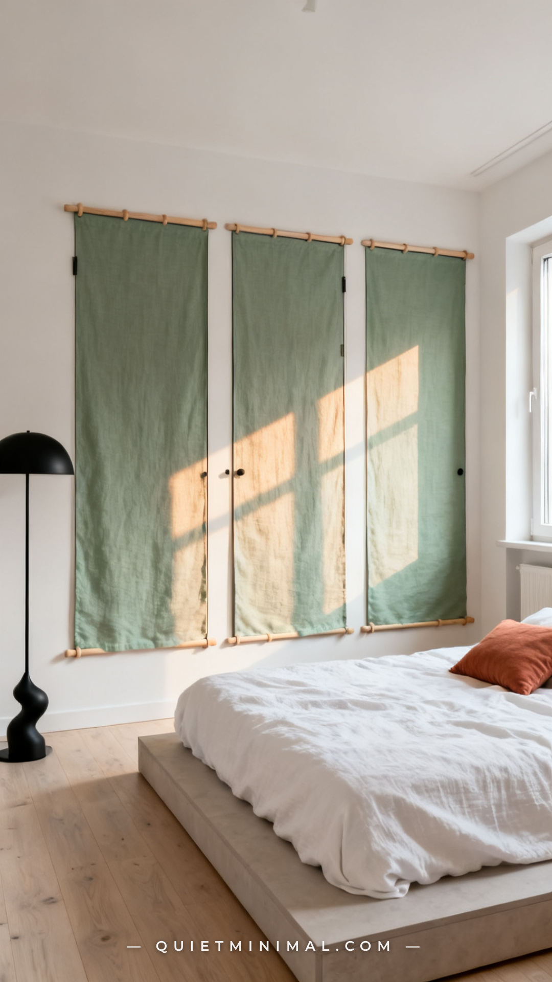 A wide establishing shot of a bright rental apartment bedroom with three closet door panels covered in removable fabric