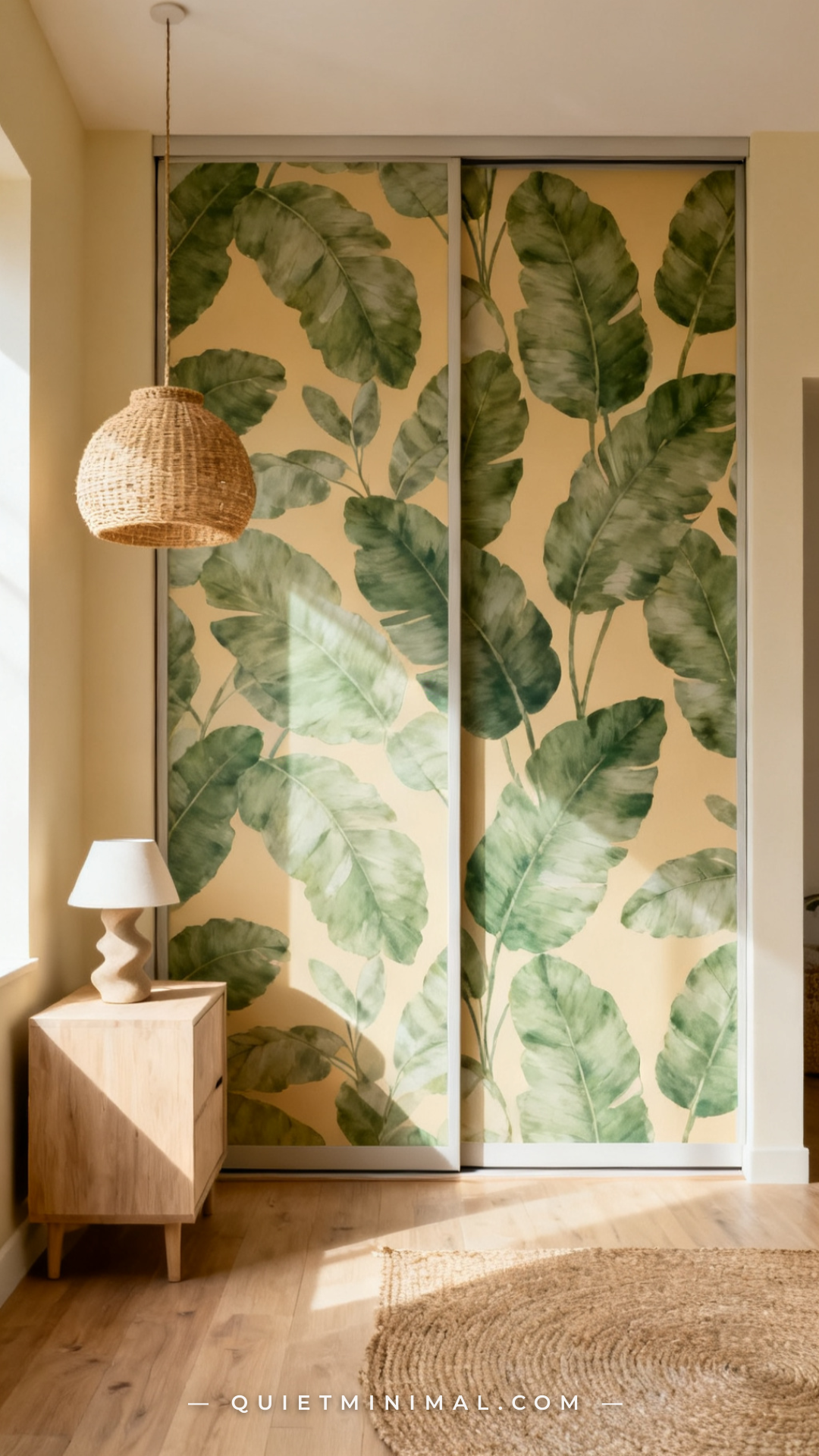 A vertical wide-angle photograph of a bedroom with two sliding closet doors covered in peel-and-stick wallpaper in a sof