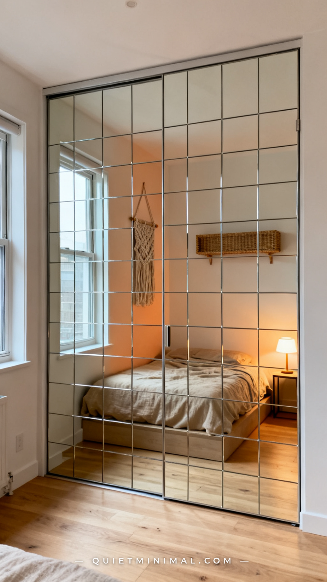 A vertical wide-angle interior photograph shows a full closet wall in a small rental bedroom covered with a grid of adhe