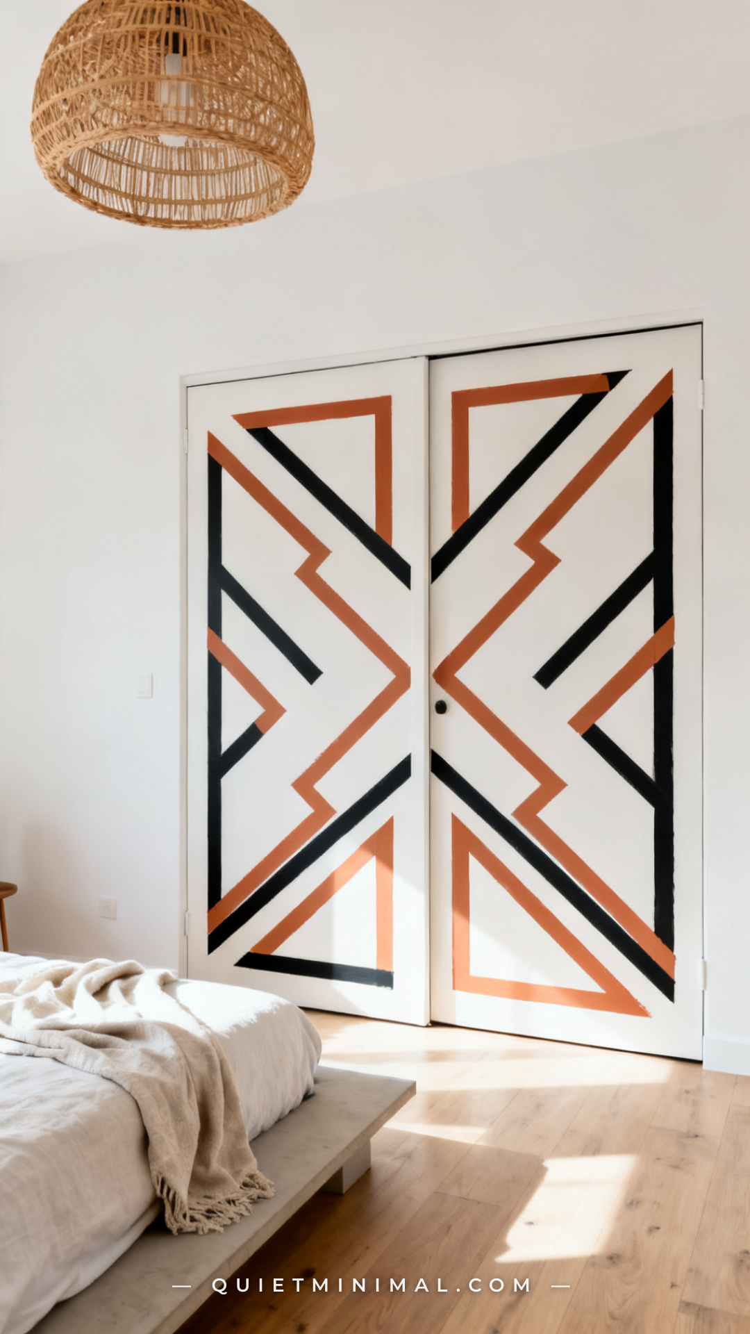 A wide establishing shot of a modern rental bedroom with bifold closet doors decorated with bold geometric washi tape li