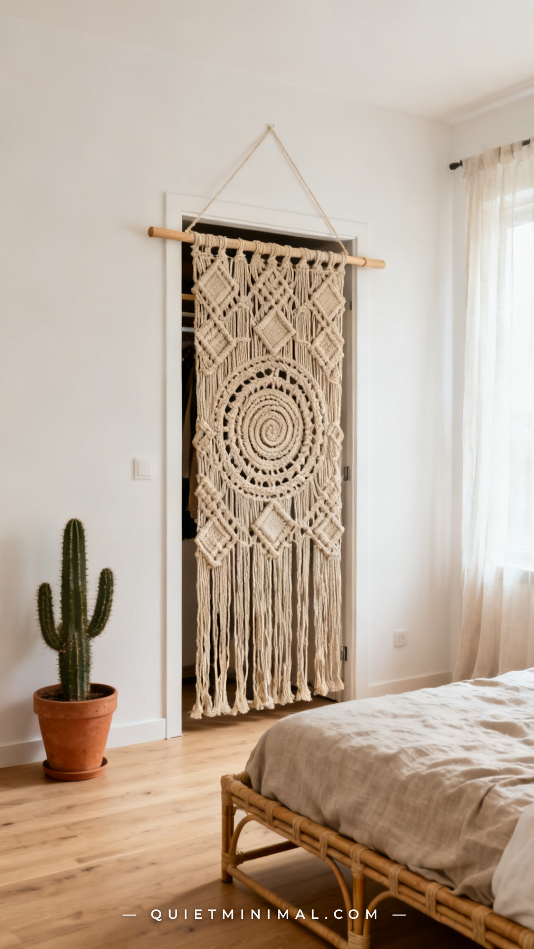 A vertical wide-angle photograph shows a rental bedroom closet opening covered by a large-scale macramé hanging suspende