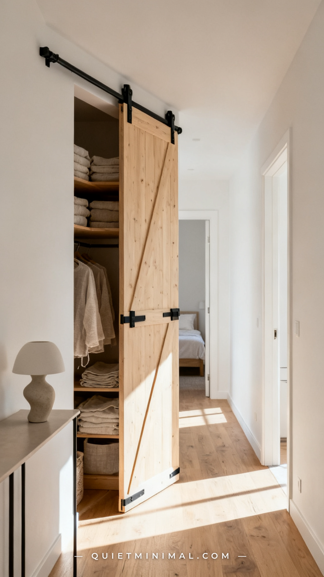 An establishing shot of a hallway in a modern rental apartment with a sliding barn door installed on a no-drill track sy