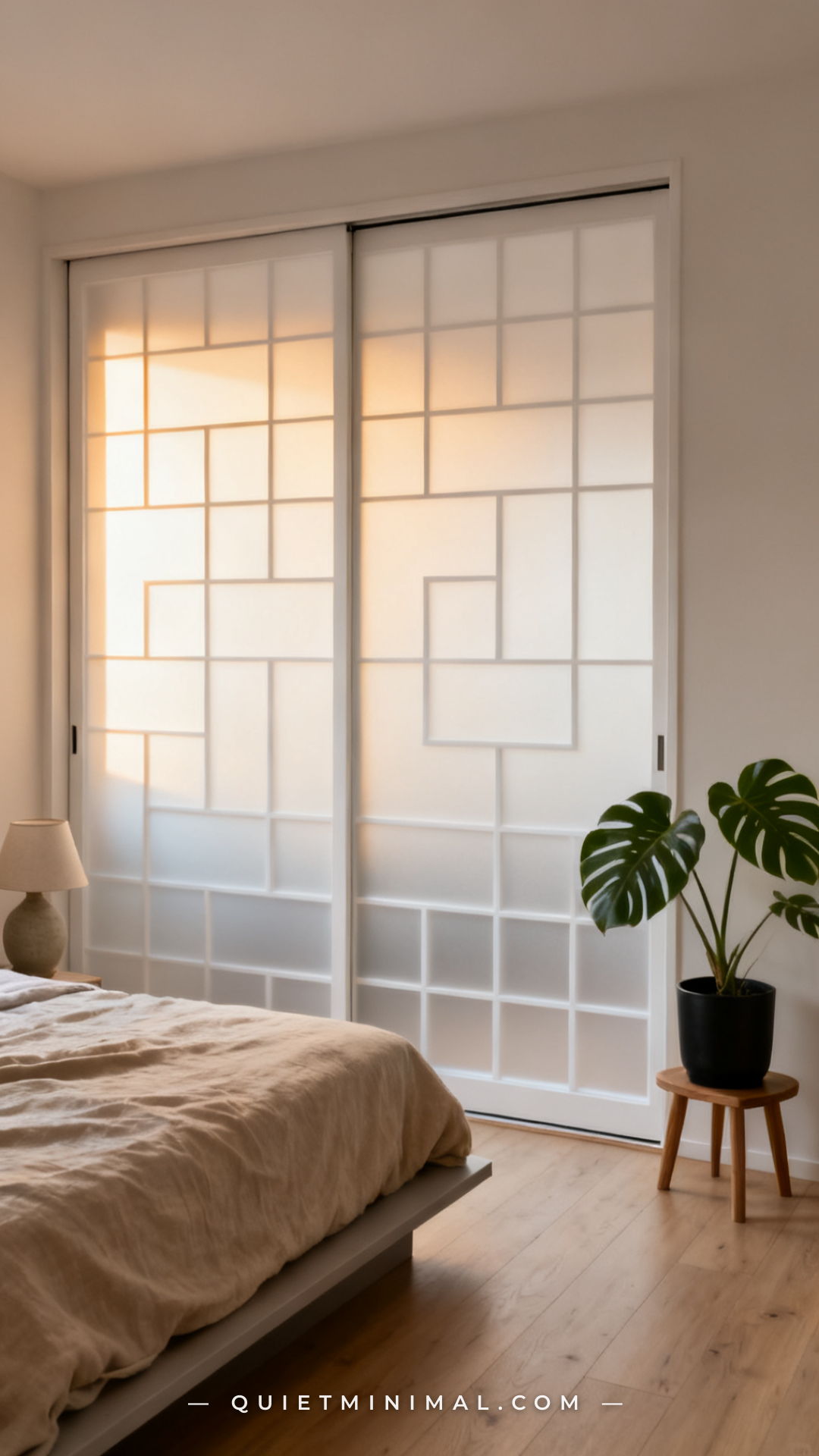 A vertical wide-angle photograph shows a rental bedroom closet with sliding doors covered in frosted geometric window fi