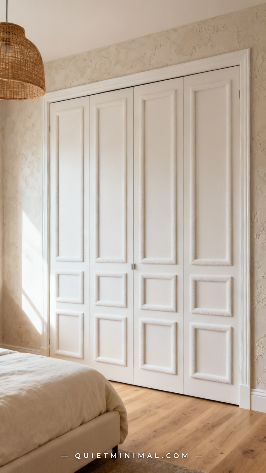 A vertical wide-angle photograph captures a rental bedroom with white bifold closet doors decorated with removable foam-