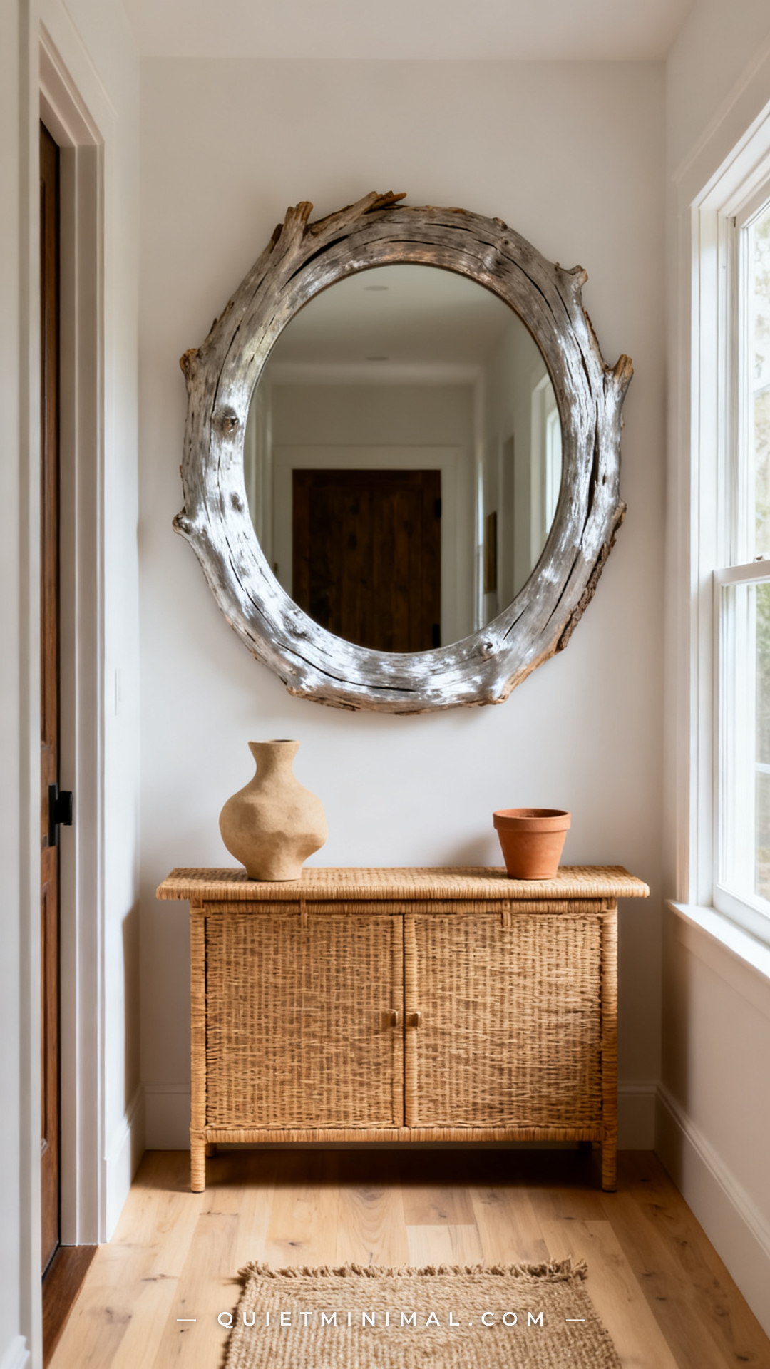 A vertical photograph captures a full entryway vignette with a large driftwood-framed round mirror mounted above a ratta