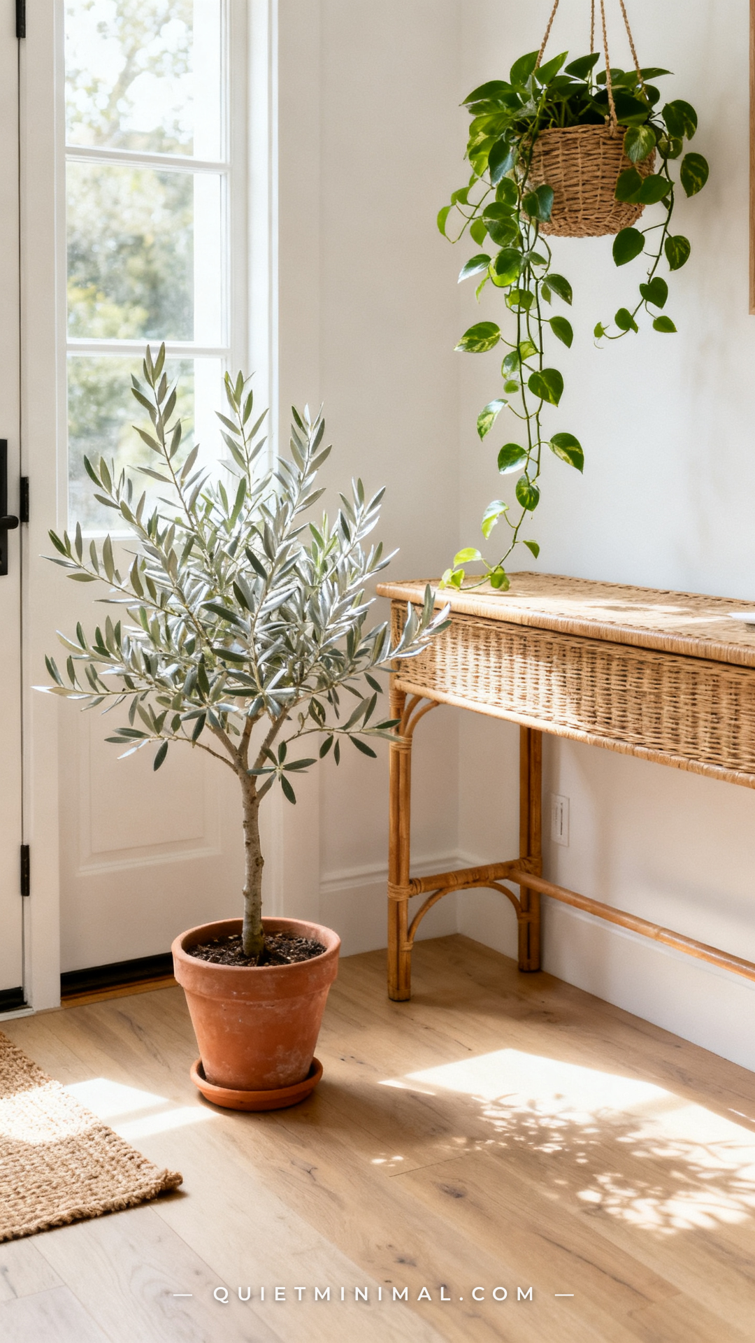 A wide establishing shot of the corner of an entryway where a small olive tree in a terracotta pot sits on the floor bes