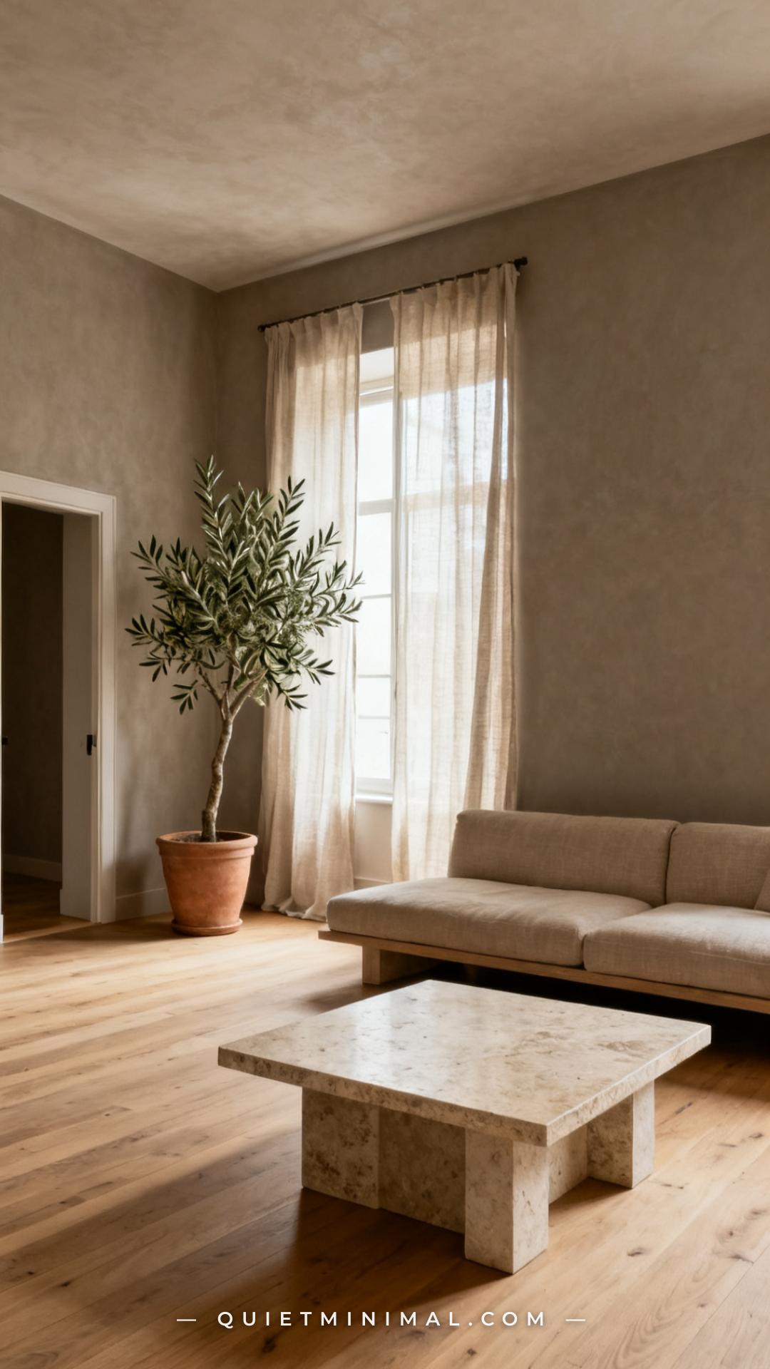 A vertical photograph captures the full breadth of a cozy minimalist living room with walls painted in a warm greige ton