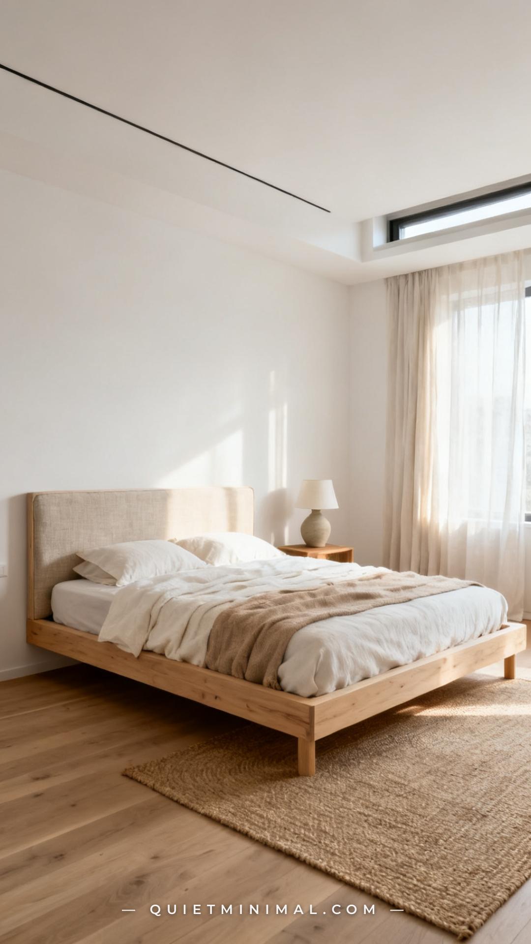A wide-angle view of a cozy minimalist bedroom showing a low-profile platform bed frame in pale solid oak with a linen u
