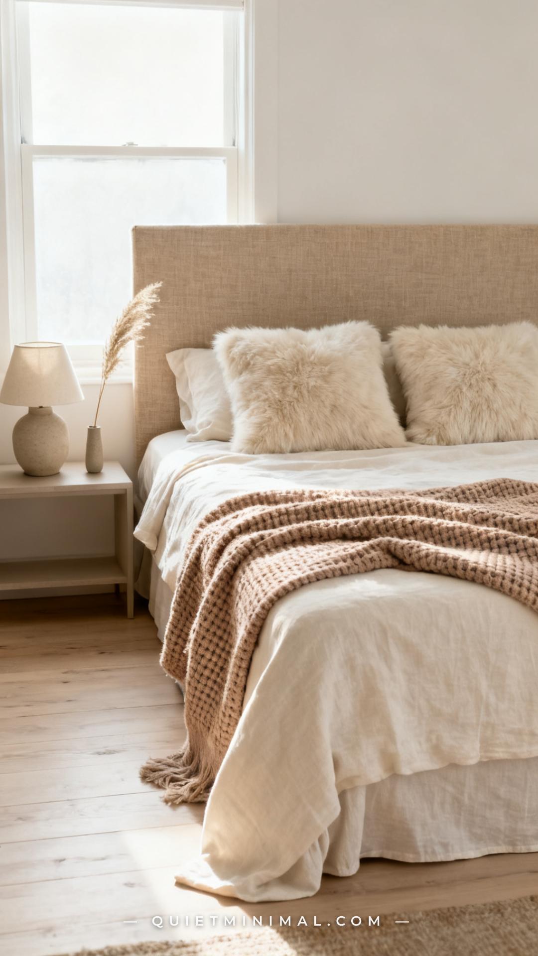 A medium-wide composition showing the full surface of a cozy minimalist bed styled with layered textiles — a fitted line